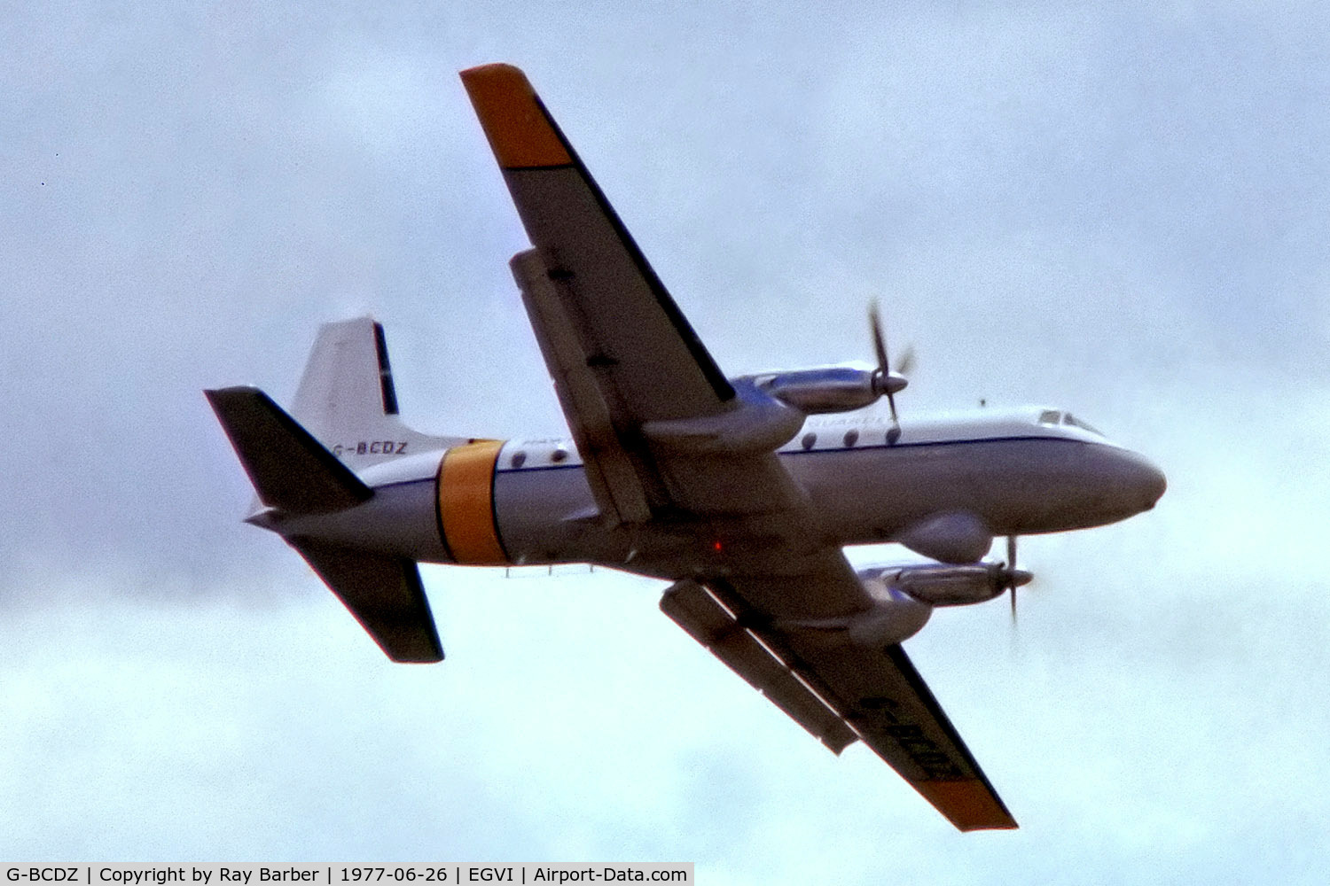 G-BCDZ, 1968 Hawker Siddeley HS-748 Series 2A/227 C/N 1662, Avro 748 2A/210 [1662] (Hawker Siddeley Aviation Ltd) RAF Greenham Common~G 26/06/1977. From a slide.