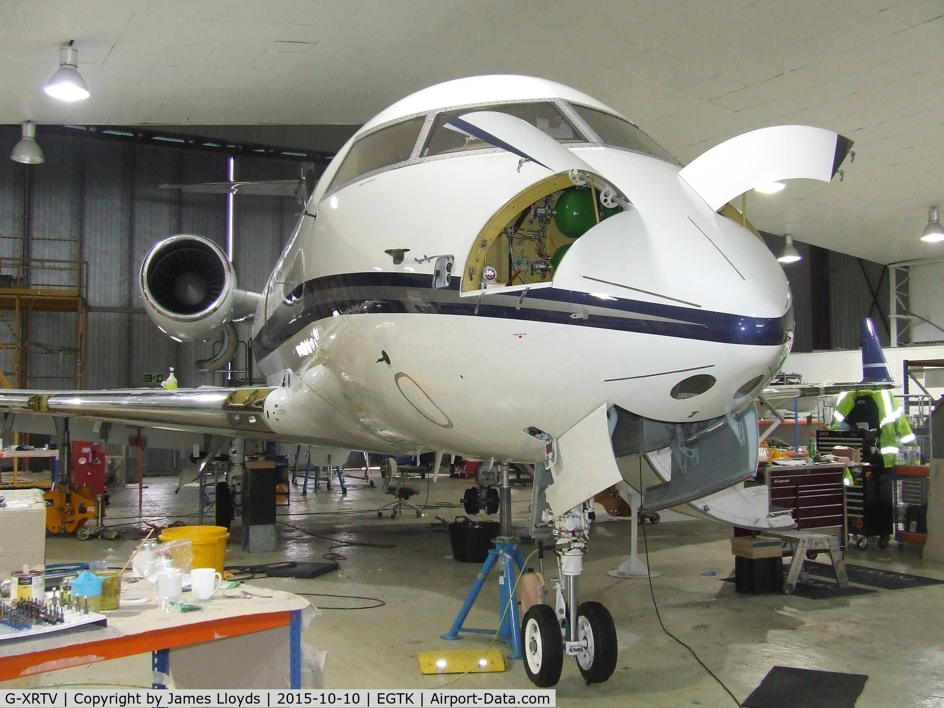 G-XRTV, 1991 Canadair Challenger 601-3A (CL-600-2B16) C/N 5085, Haveing an Main Check inside Hanger 3 At Oxford Airport.