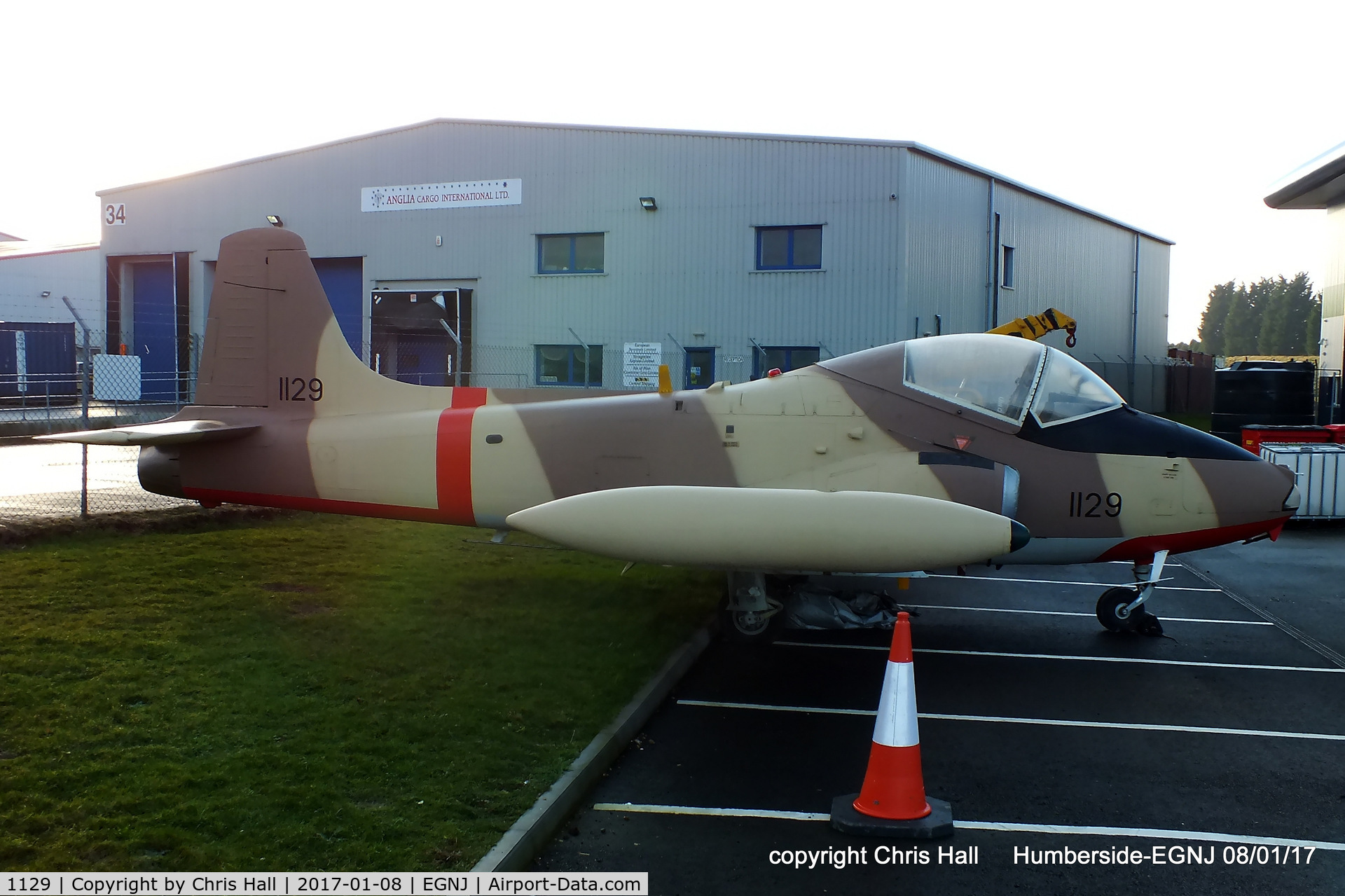 1129, BAC 167 Strikemaster Mk.80A C/N PS.360, preserved outside BAe Systems Academy building at Humberside Airport