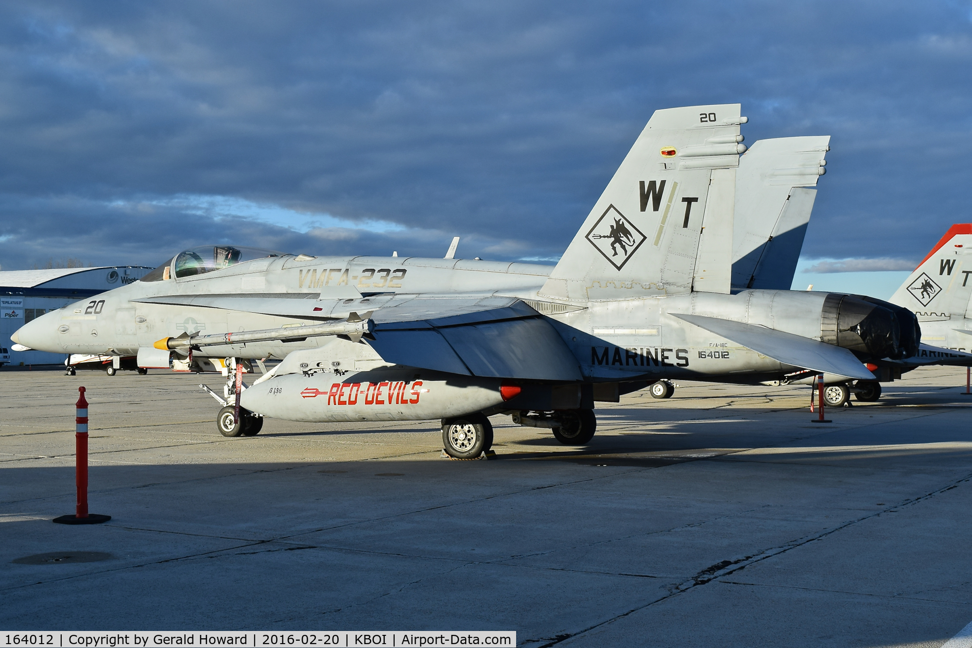 164012, 1989 McDonnell Douglas F/A-18C Hornet C/N 0896/C156, Parked on south GA ramp. VMFA-232  “Red Devils”      MAG-11, 3rd MAW, NAS Miramar, CA.