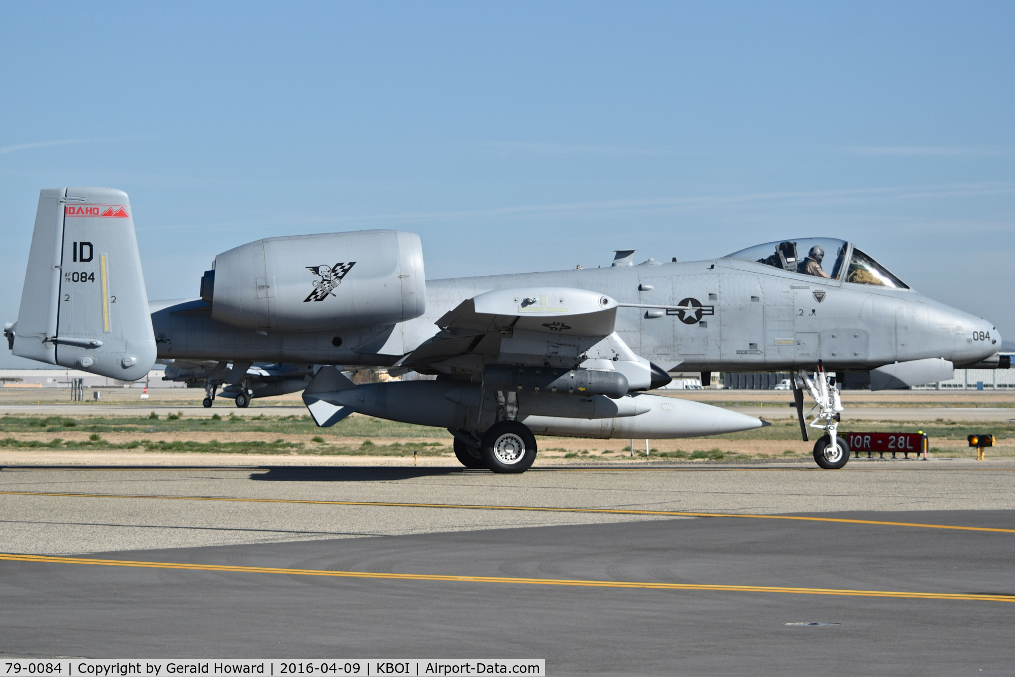 79-0084, 1979 Fairchild Republic A-10C Thunderbolt II C/N A10-0348, Waiting for RWY 28L and departure to Middle East for 6 months. Note long range tank. 190th Fighter Sq., 124th Fighter Wing, Idaho ANG.