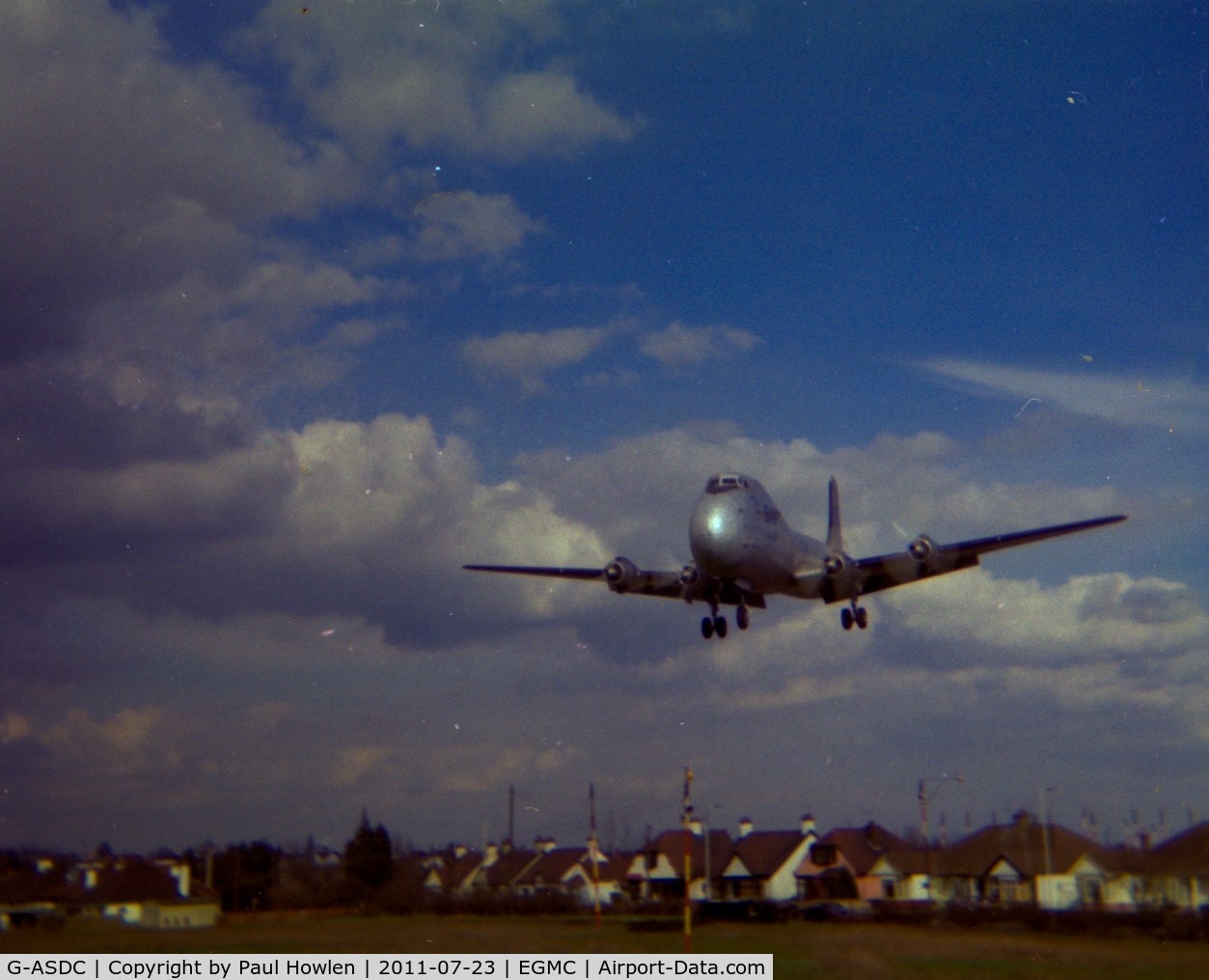 G-ASDC, 1963 Aviation Traders ATL-98 Carvair C/N 10273/ATL98/7, Plain Jane on Finals to runway 24, Southend Airport, C. 1977