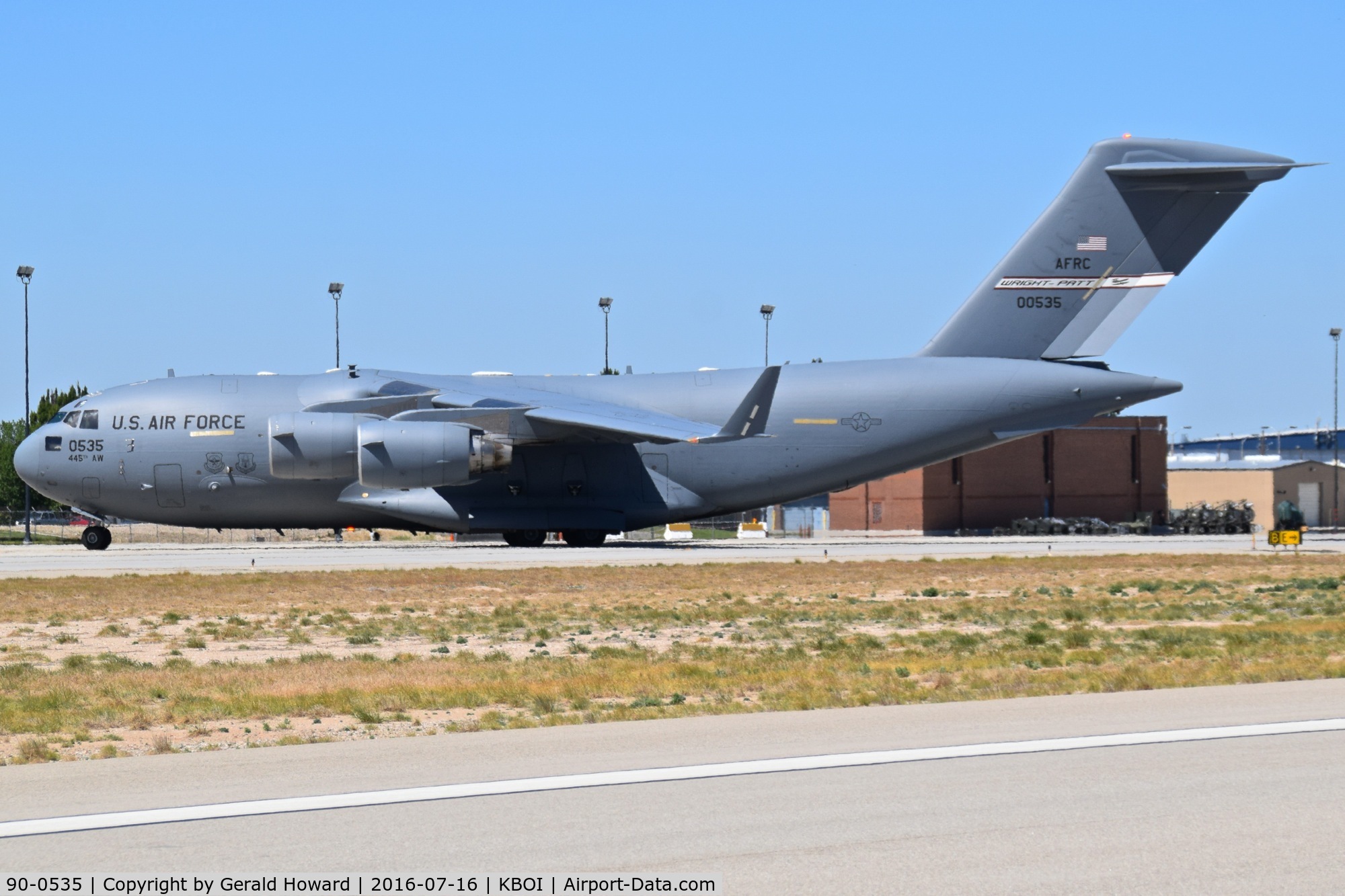 90-0535, 1990 Boeing C-17A Globemaster III C/N P-10, Turning off Bravo onto Idaho ANG ramp. 445th Airlift Wing, Wright-Patterson AFB, Ohio.