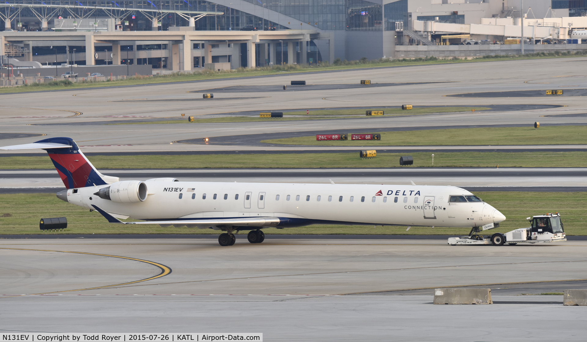 N131EV, 2008 Bombardier CRJ-900ER (CL-600-2D24) C/N 15217, Getting towed at Atlanta