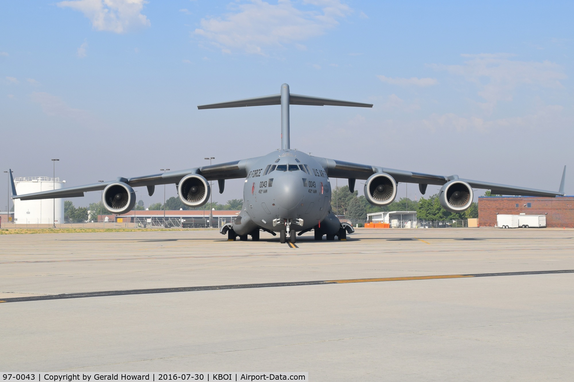 97-0043, Boeing C-17A Globemaster III C/N P-43, Parked on the Idaho ANG ramp. 452nd Air Mobility Wing, March AFB, CA.