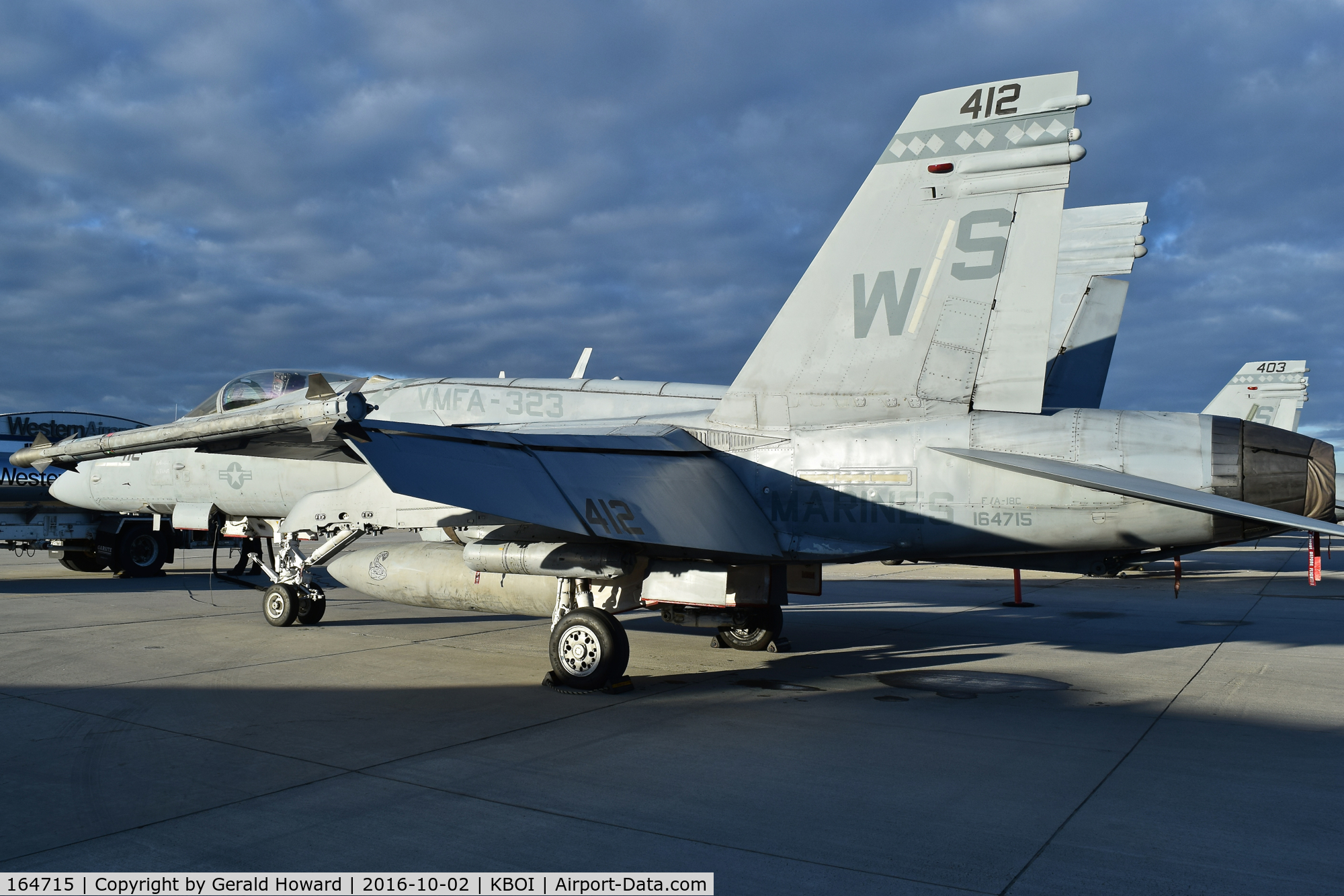 164715, McDonnell Douglas F/A-18C Hornet C/N 1160/C318, parked on south GA ramp.  VMFA-323 “Death Rattlers”, 3rd MAW, MAG-11, MCAS Miramar, CA.