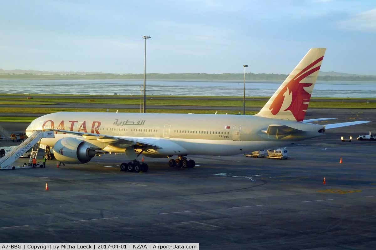 A7-BBG, 2010 Boeing 777-2DZ/LR C/N 36101, Resting in the morning sun before the ultra-long haul flight back to Doha