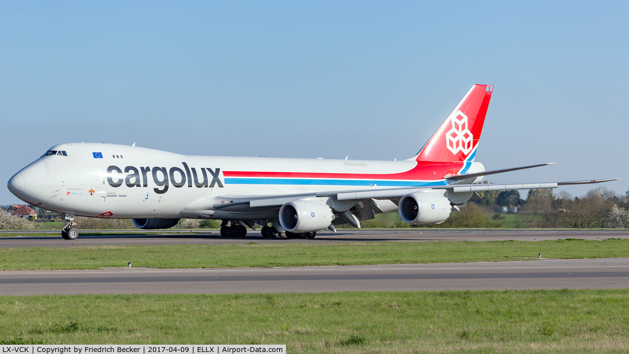 LX-VCK, 2014 Boeing 747-8R7F C/N 38078, taxiing to the cargo ramp