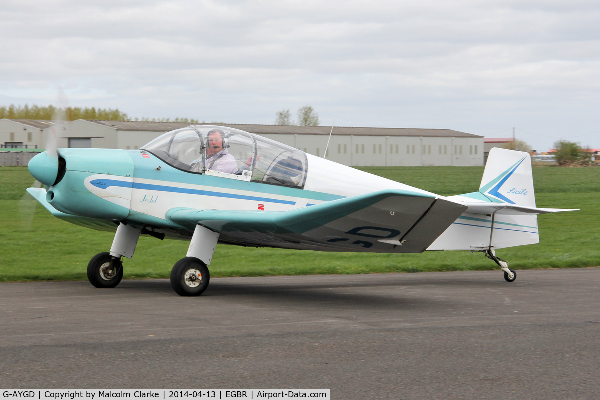 G-AYGD, 1963 CEA Jodel DR1050 Sicile C/N 515, CEA Jodel DR1050 Sicile at Beighton Airfield's Early Bird Fly-In. April 13th 2014.