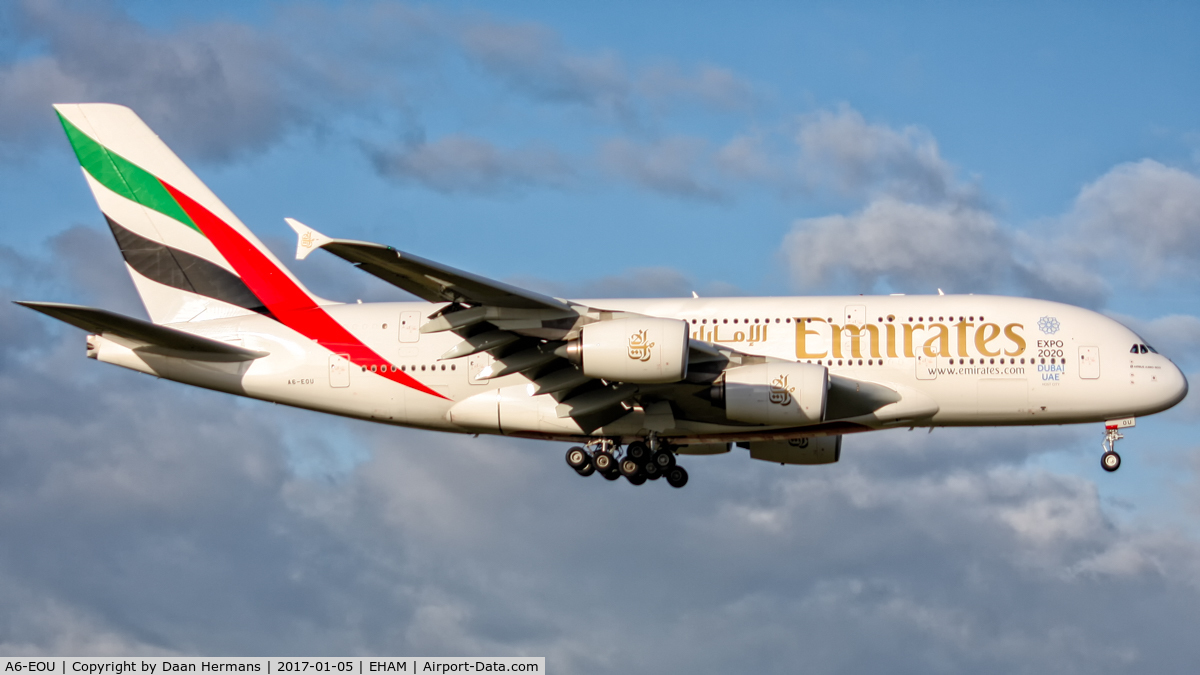 A6-EOU, 2015 Airbus A380-861 C/N 205, Emirates A380-800 on final for the ''Kaagbaan'' at EHAM!