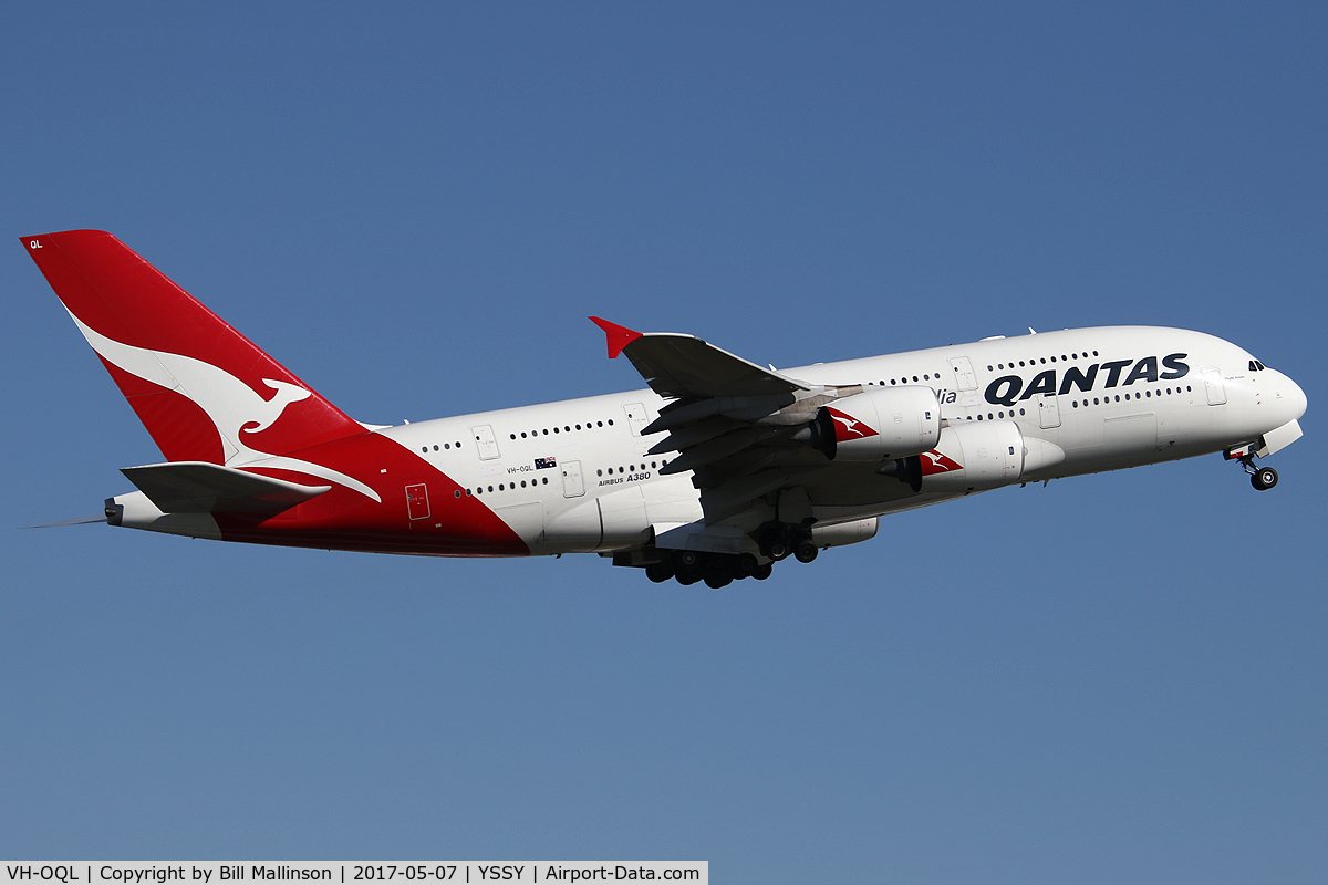 VH-OQL, 2011 Airbus A380-842 C/N 074, away from 34L