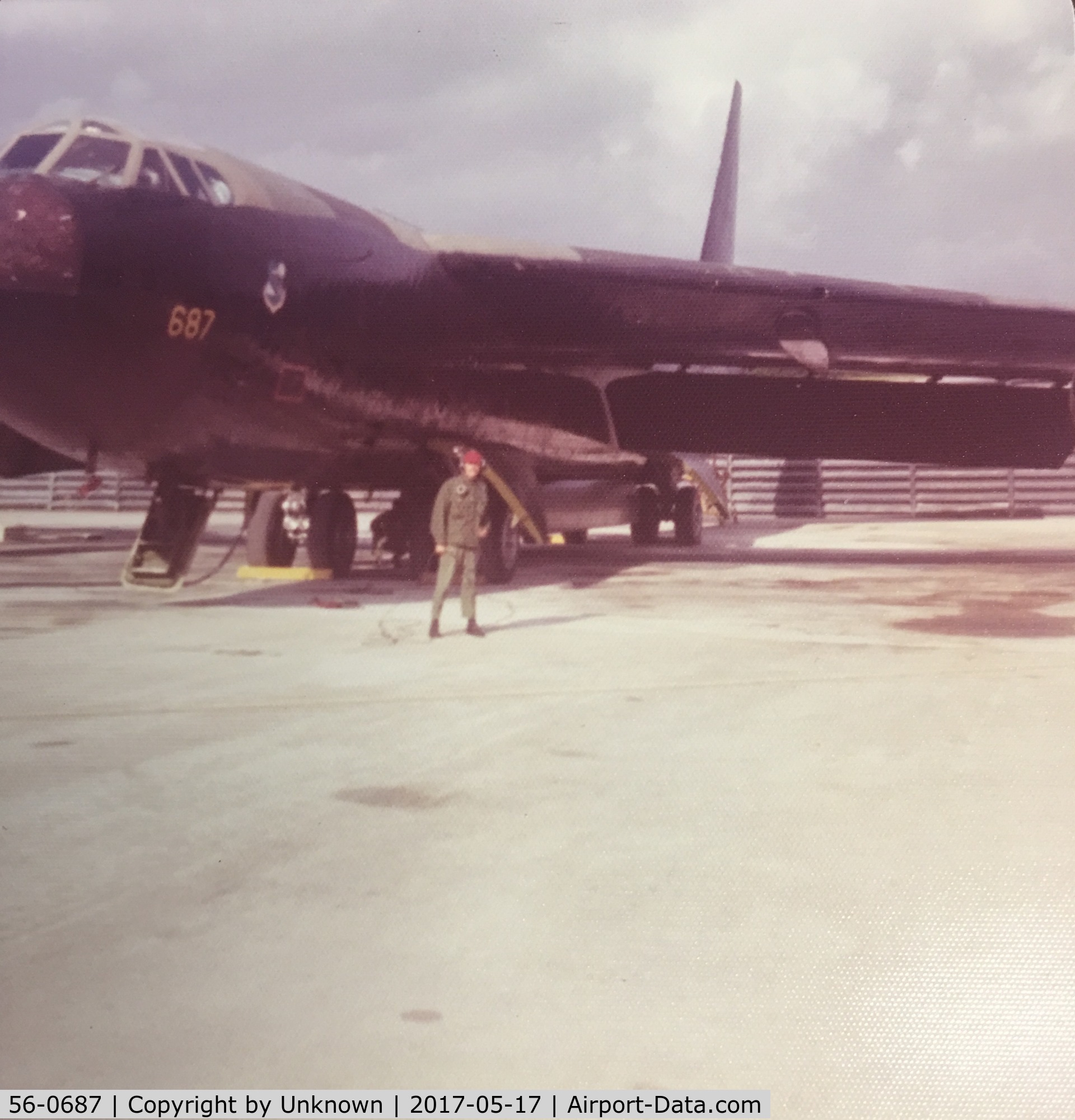 56-0687, 1956 Boeing B-52D Stratofortress C/N 464058, 56-0687   That is me (Sgt Randy Reeter) with 687 in Okinawa 1975. We were there avoiding a typhoon headed towards Anderson AFB, Guam.