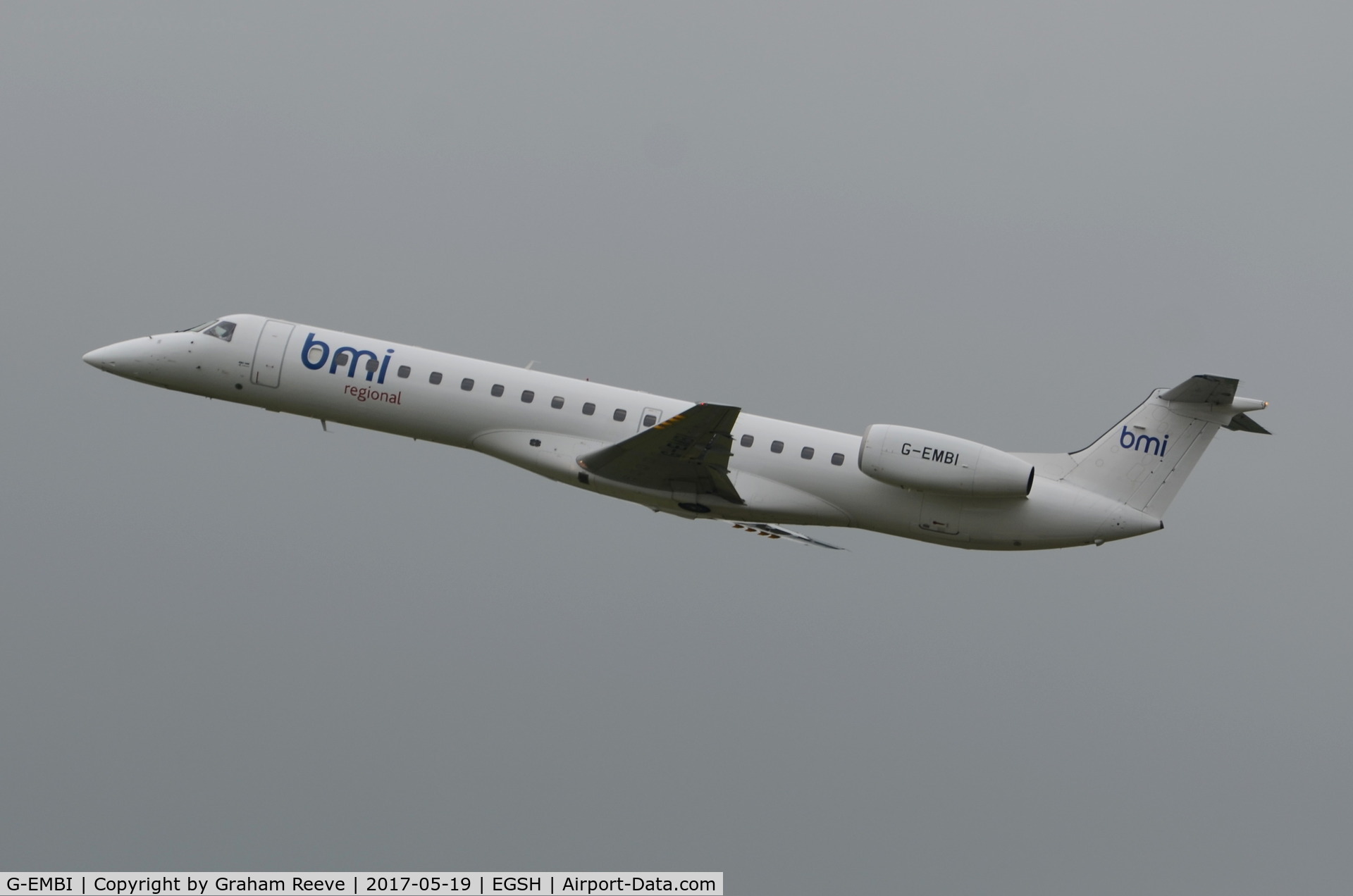 G-EMBI, 1999 Embraer EMB-145EU (ERJ-145EU) C/N 145126, Departing from Norwich.