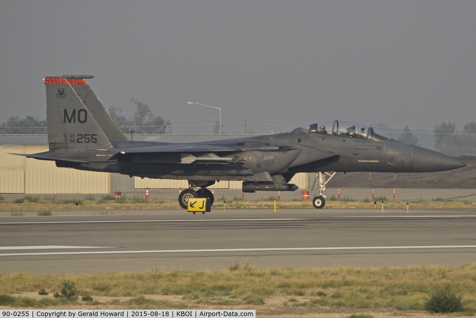 90-0255, 1990 McDonnell Douglas F-15E Strike Eagle C/N 1193/E157, On taxiway Juliet for RWY 10R.  391st Fighter Sq.“Bold Tigers”, 366th Fighter Wing, Mountain Home AFB, Idaho.