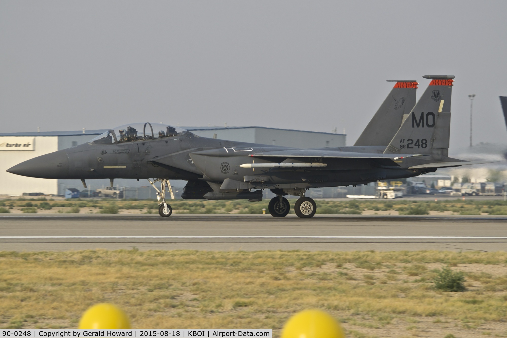 90-0248, 1990 McDonnell Douglas F-15E Strike Eagle C/N 1183/E150, Starting take off roll on RWY 10R. 391st Fighter Sq.“Bold Tigers”, 366th Fighter Wing, Mountain Home AFB, Idaho.