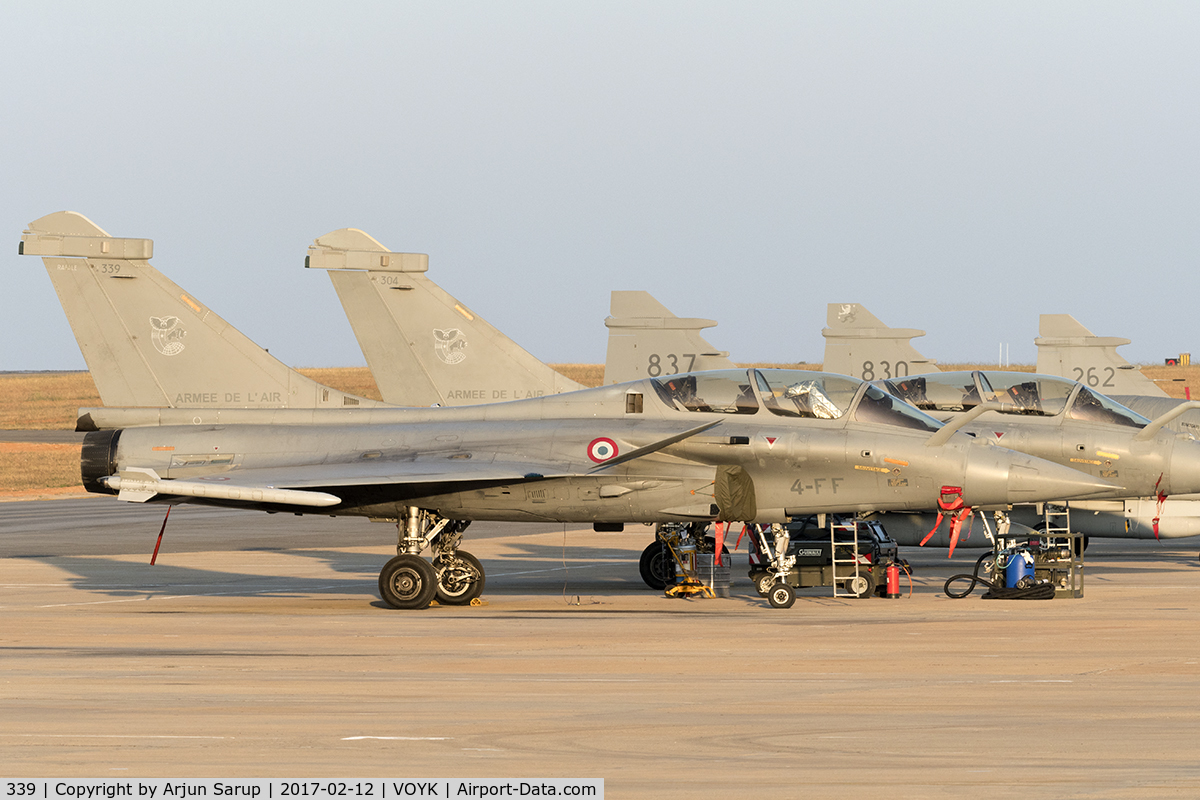 339, 2013 Dassault Rafale B C/N 339, The evening sun bathes the flight line at Aero India 2017. Three Swedish Air Force Gripens are parked in the background.