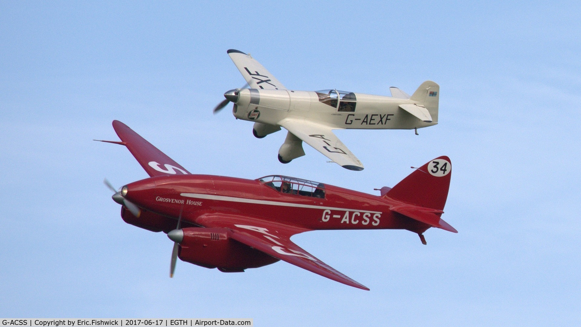 G-ACSS, 1934 De Havilland DH-88 Comet C/N 1996, 45. Two classic racers in formation display mode at the epic Evening Airshow, The Shuttleworth Collection, June, 2017