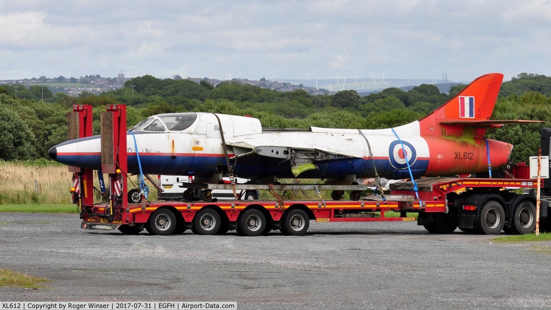 XL612, 1958 Hawker Hunter T.7 C/N 41H-695346, The fuselage of ex-RAF/ex-ETPS Hunter T.7 aircraft being moved from Swansea Airport to MOD Saint Athan after being a gate guardian at the airport since 8th January 2012.