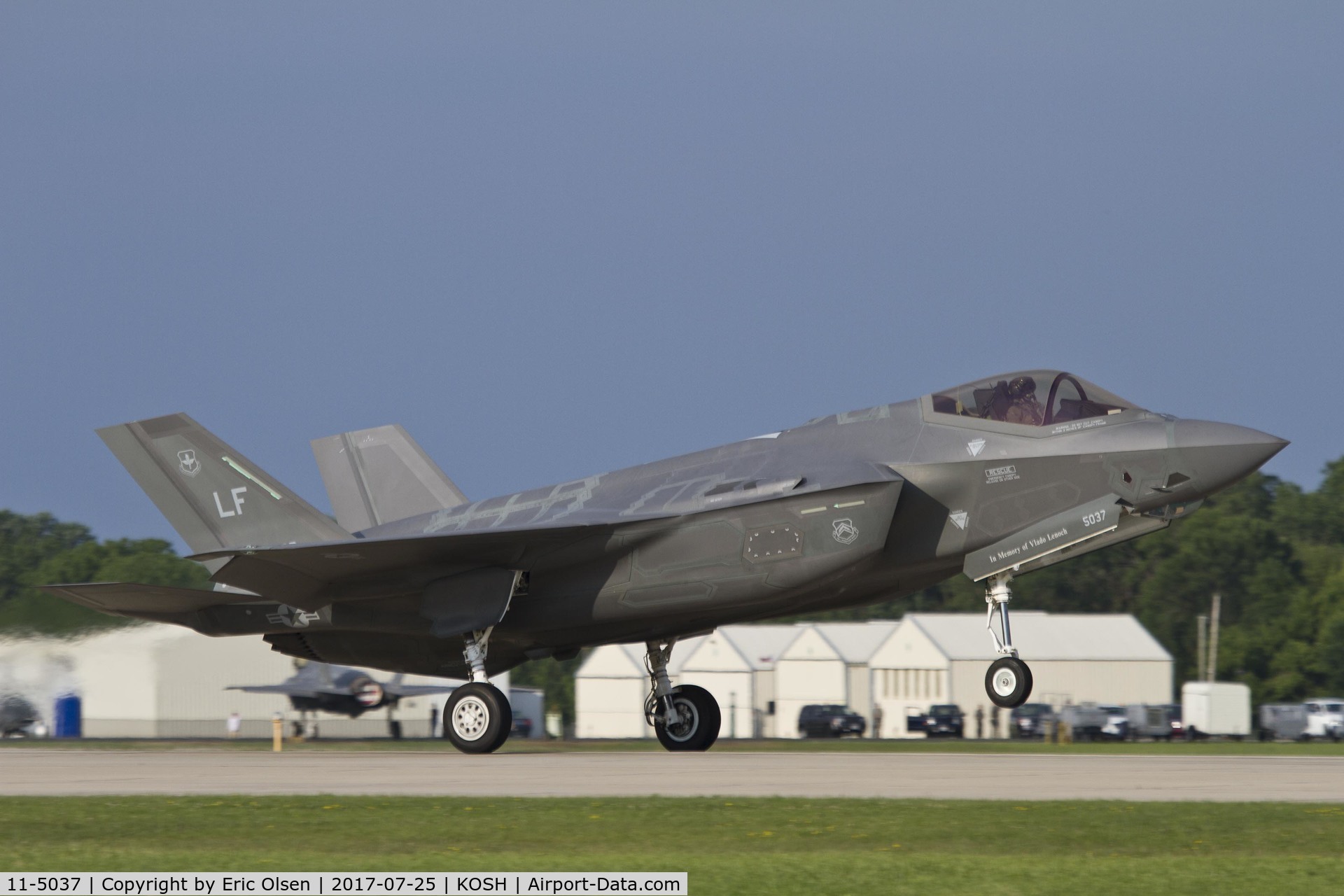11-5037, 2011 Lockheed Martin F-35A Lightning II C/N AF-48, F-35A Lightning II landing after taking part in a Heritage Flight during the 2017 Oshkosh Airventure.