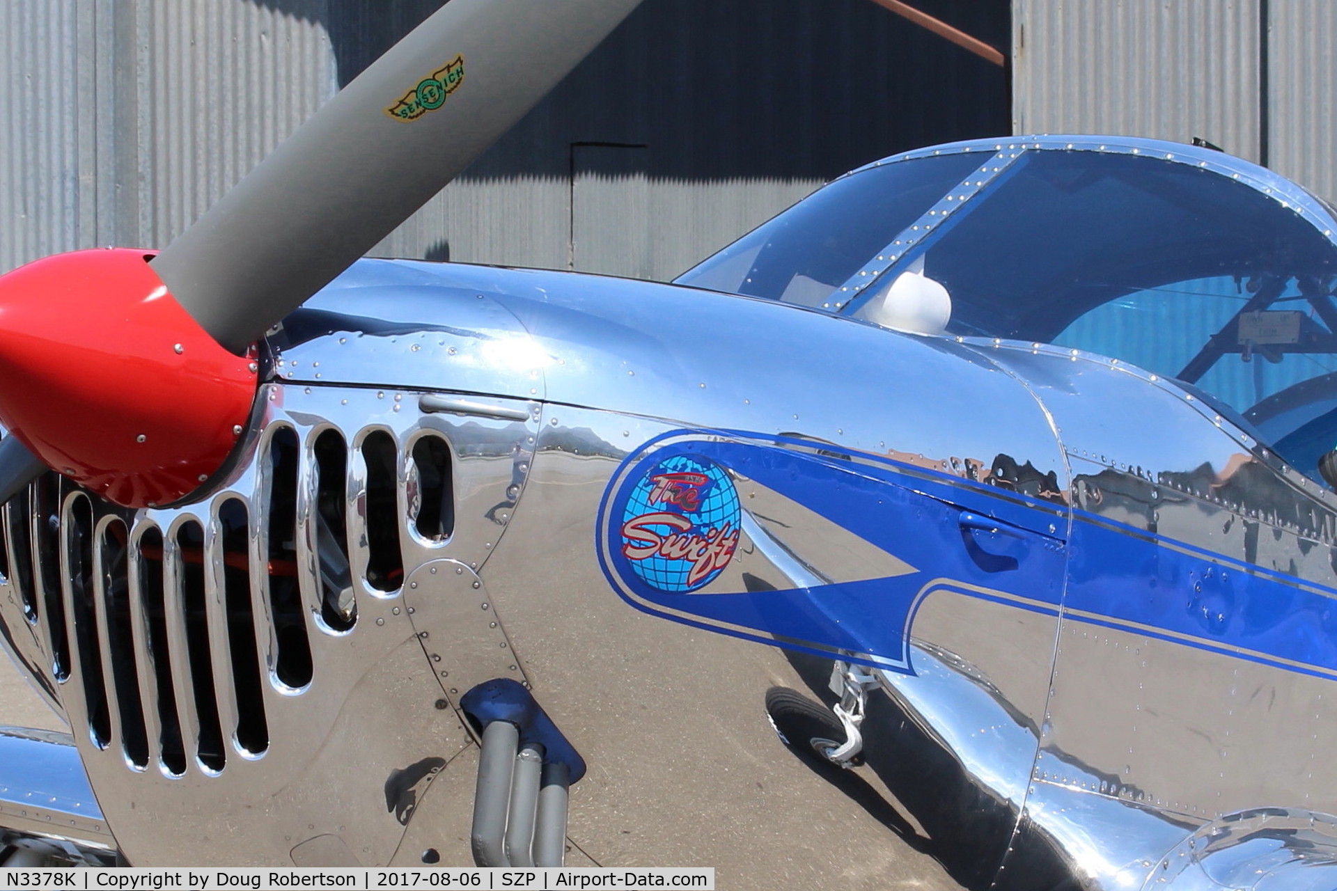 N3378K, 1946 Globe GC-1B Swift C/N 1371, 1946 Globe GC-1B SWIFT, Continental O-300A 145 Hp 6 cylinder, Swift logo closeup