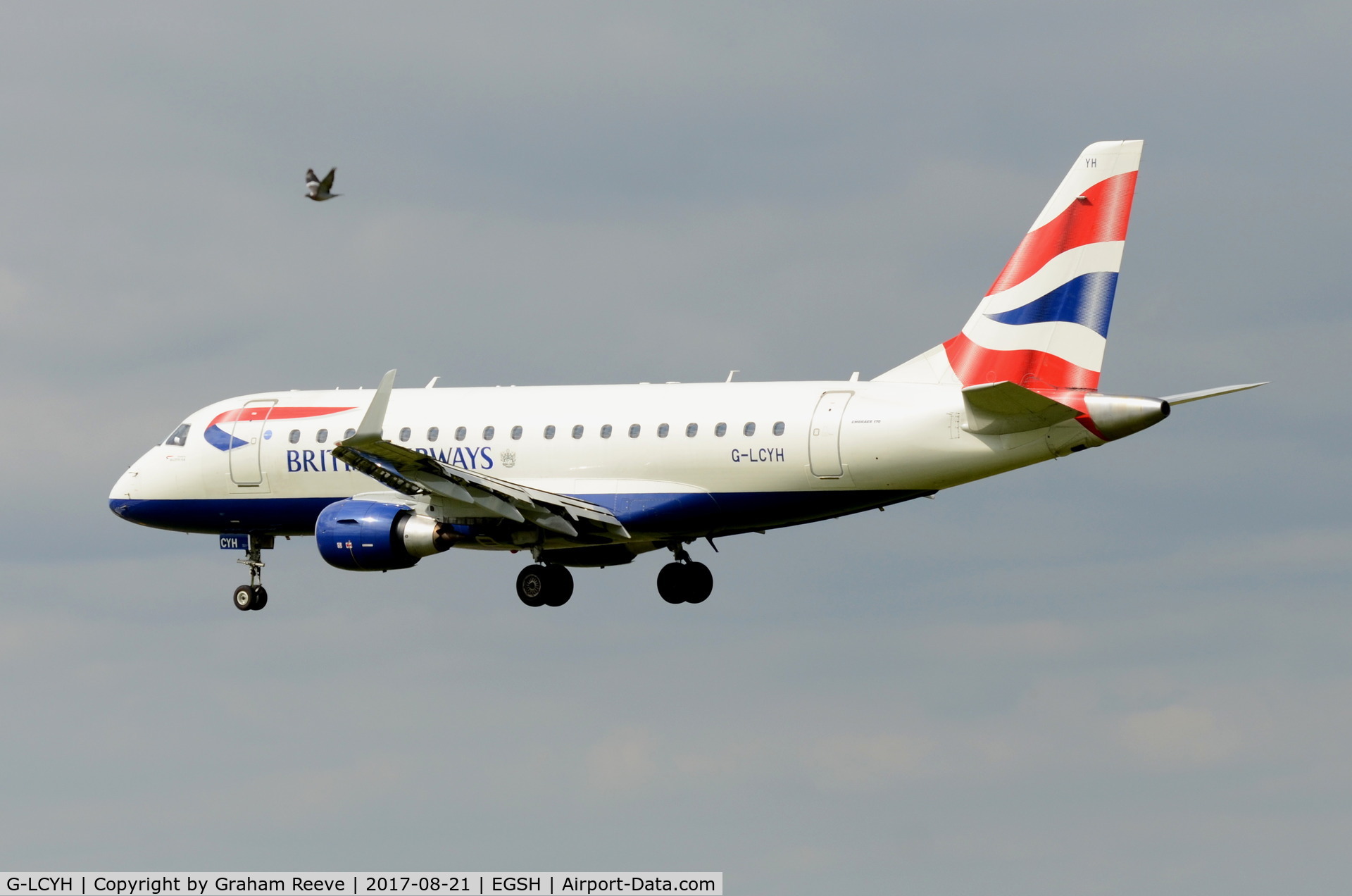 G-LCYH, 2009 Embraer 170STD (ERJ-170-100STD) C/N 17000302, Landing in formation with a pigeon.
