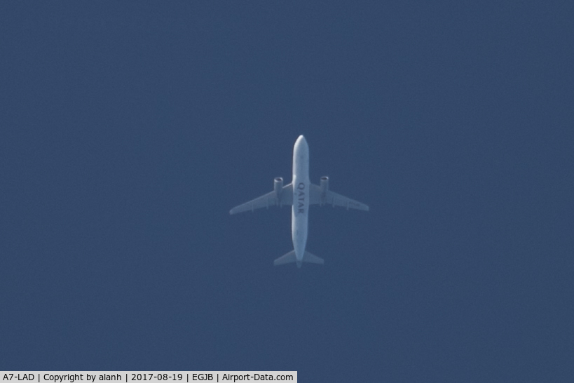 A7-LAD, 2015 Airbus A320-214 C/N 6529, Wearing Qatar Airlines titles, overhead Guernsey en route LHR - MAD
