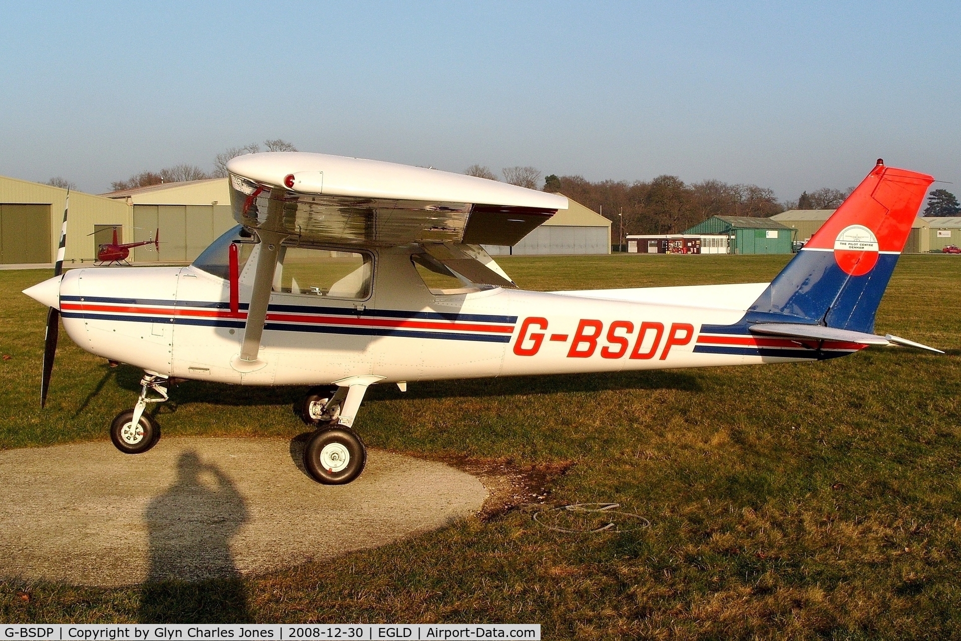G-BSDP, 1977 Cessna 152 C/N 152-80268, Previously N24468. The low mid-winter sun brings out the colours. Operated by The Pilot Centre Denham. With thanks to The Pilot Centre.