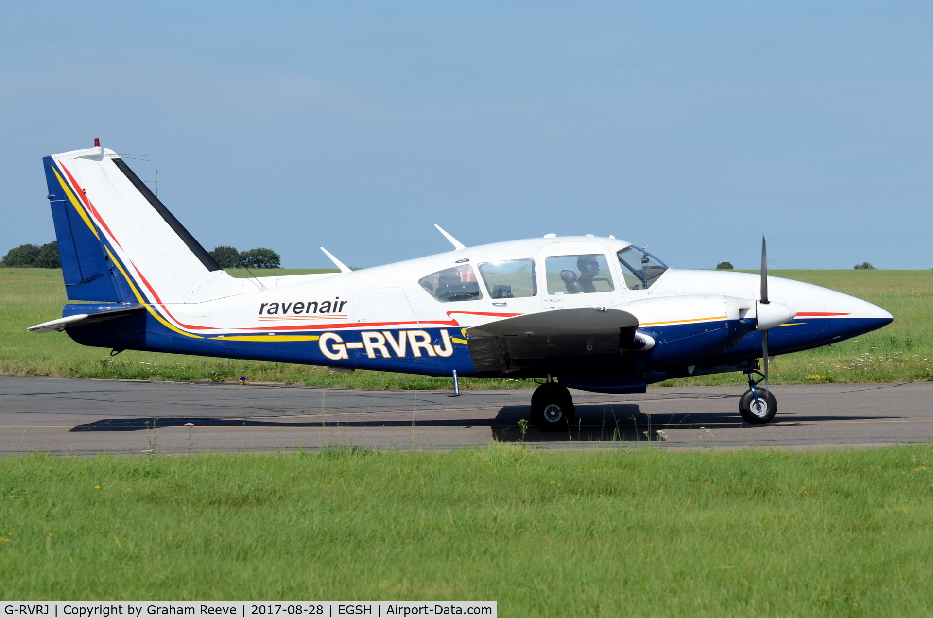 G-RVRJ, 1973 Piper PA-23-250 Aztec E C/N 27-7305004, Departing from Norwich.