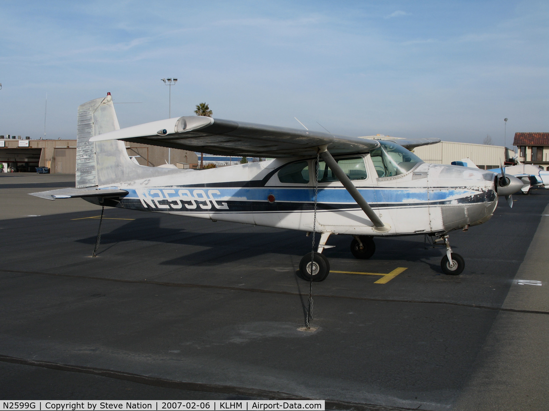 N2599G, 1959 Cessna 182B Skylane C/N 51899, Straight tail locally-based 1959 Cessna 182B with stripped tail and cowling @ Lincoln Regional Airport (Karl Harder Field), CA