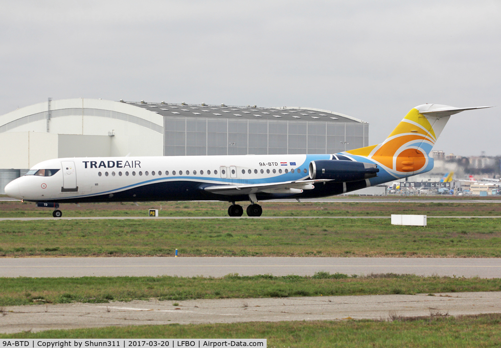 9A-BTD, 1992 Fokker 100 (F-28-0100) C/N 11407, Taxiing holding point rwy 32R for departure...