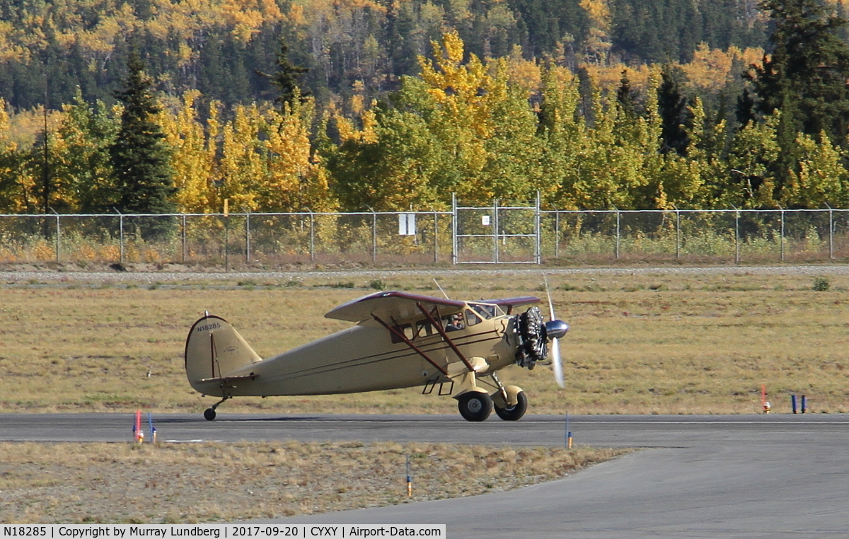N18285, 1933 Stinson JR. SR C/N 8776, Taking off from Whitehorse, Yukon, on a brilliant Fall day.