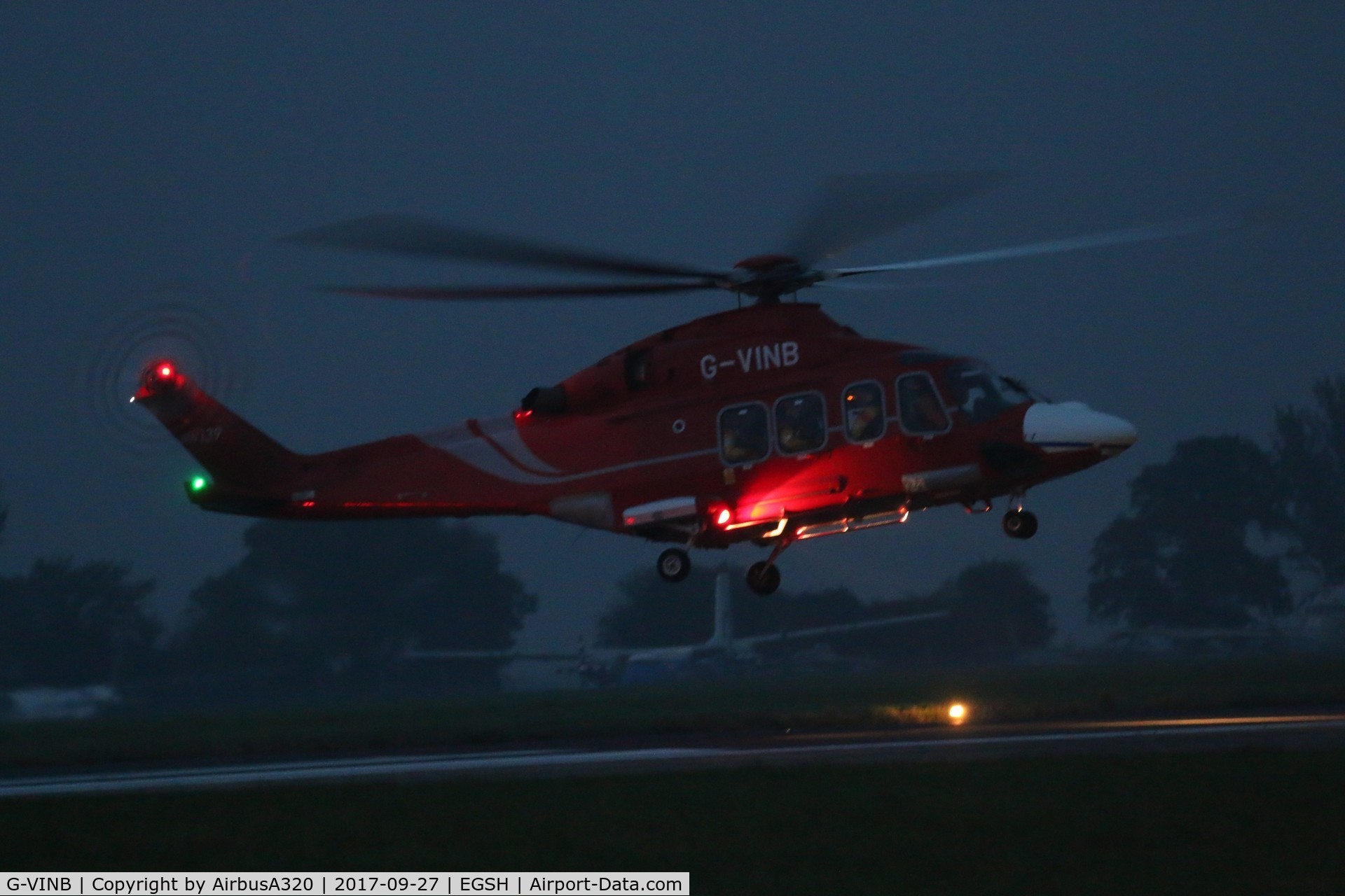G-VINB, 2012 AgustaWestland AW-139 C/N 31398, Still wearing spare white nose coming into land end of another day