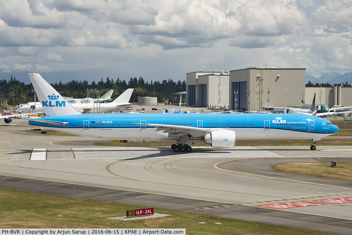 PH-BVR, 2016 Boeing 777-306/ER C/N 61603, 'Gunung Mulu National Park' lined up on Rwy 16R at Paine Field.