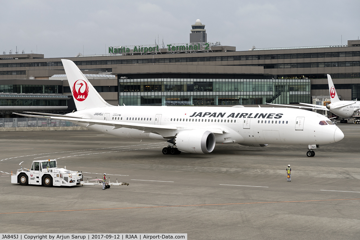 JA845J, 2016 Boeing 787-8 Dreamliner C/N 34857, All set for departure from Narita Terminal 2.