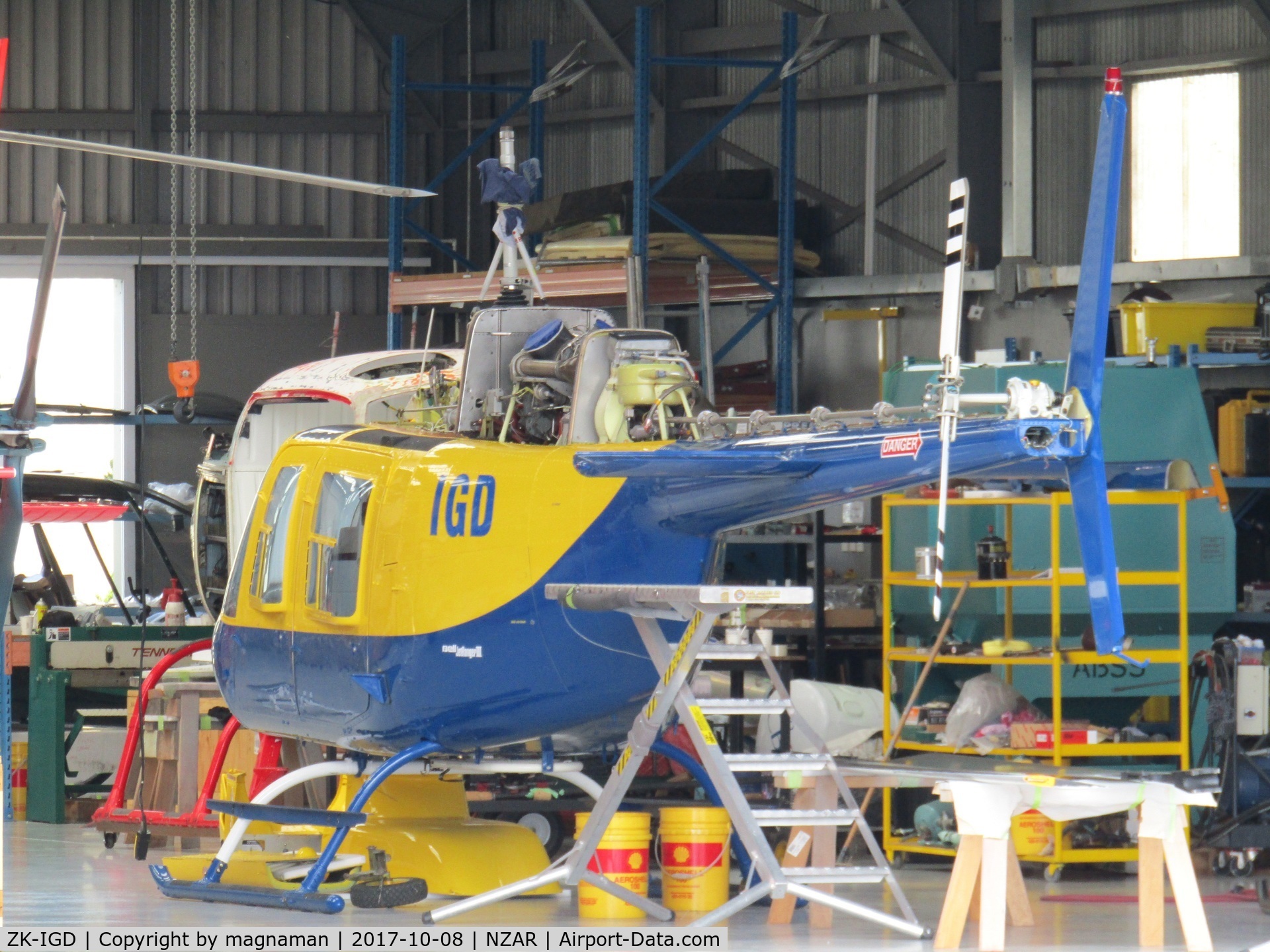 ZK-IGD, Bell 206B JetRanger III C/N 3323, in heliflite hangar
