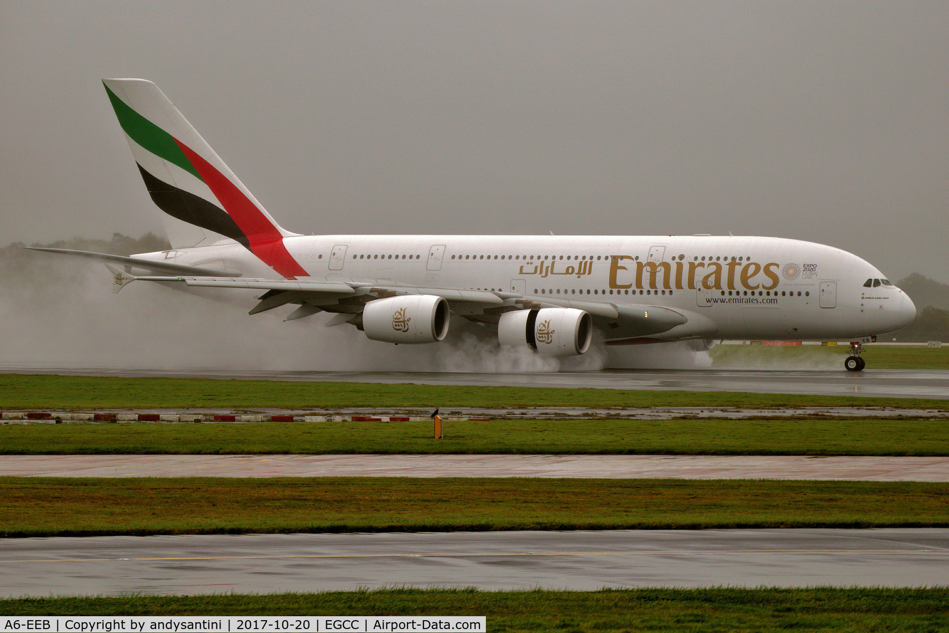 A6-EEB, 2012 Airbus A380-861 C/N 109, landed on a wet runway