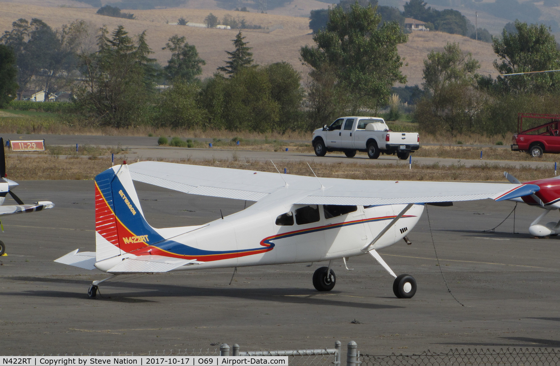 N422RT, Cessna 180 C/N 18052795, Colorful Montana-based 1977 Cessna 180K @ Petaluma Municipal airport, CA