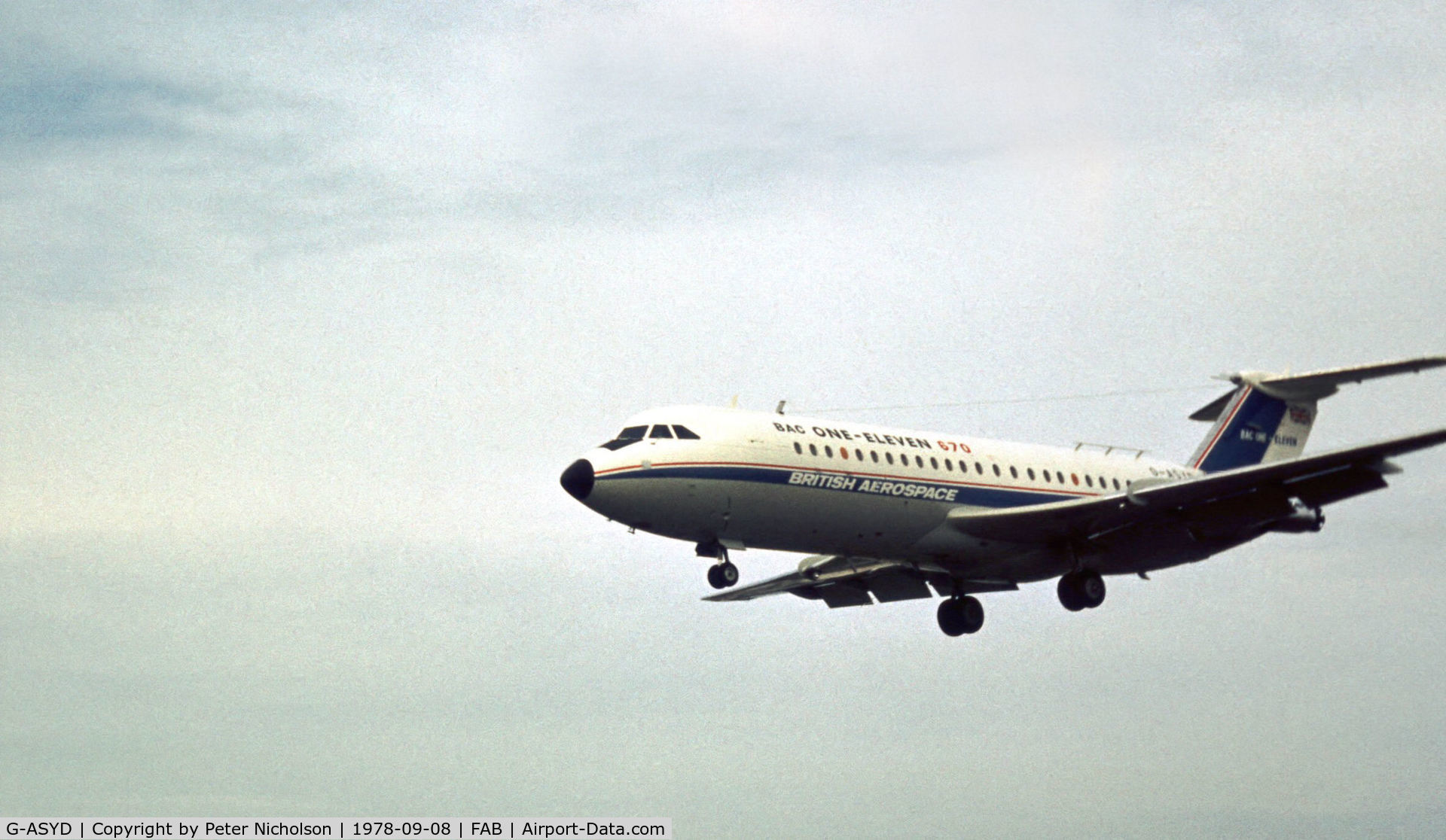 G-ASYD, 1965 BAC 111-475AM One-Eleven C/N BAC.053, This British Aerospace Corporation Series 670 development aircraft was displayed at the 1974 Farnborough Airshow.