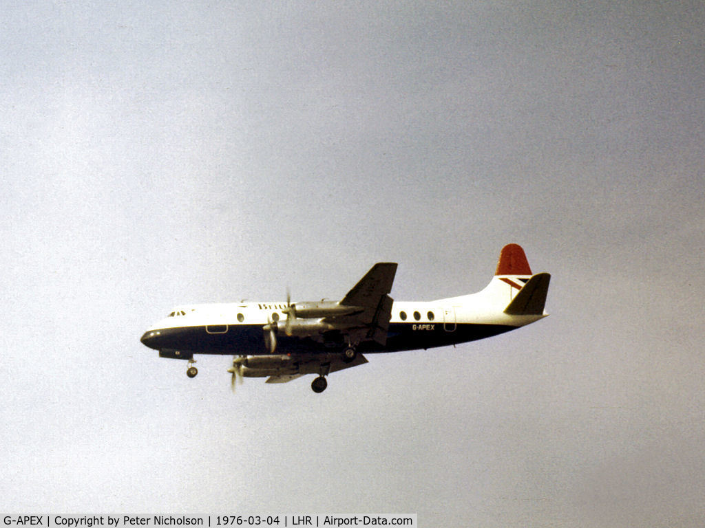G-APEX, 1958 Vickers Viscount 806 C/N 381, British Airways Viscount 806 on final approach to London Heathrow in the Spring of 1976