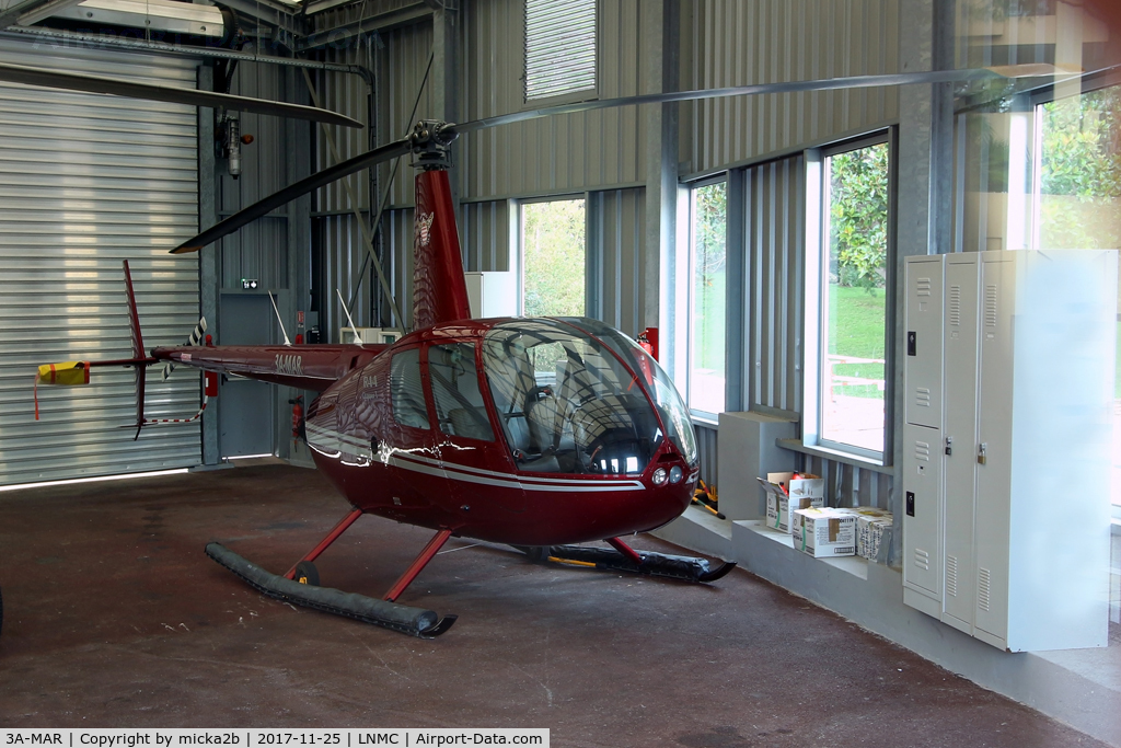 3A-MAR, Robinson R44 Clipper C/N 1263, Parked in hangar