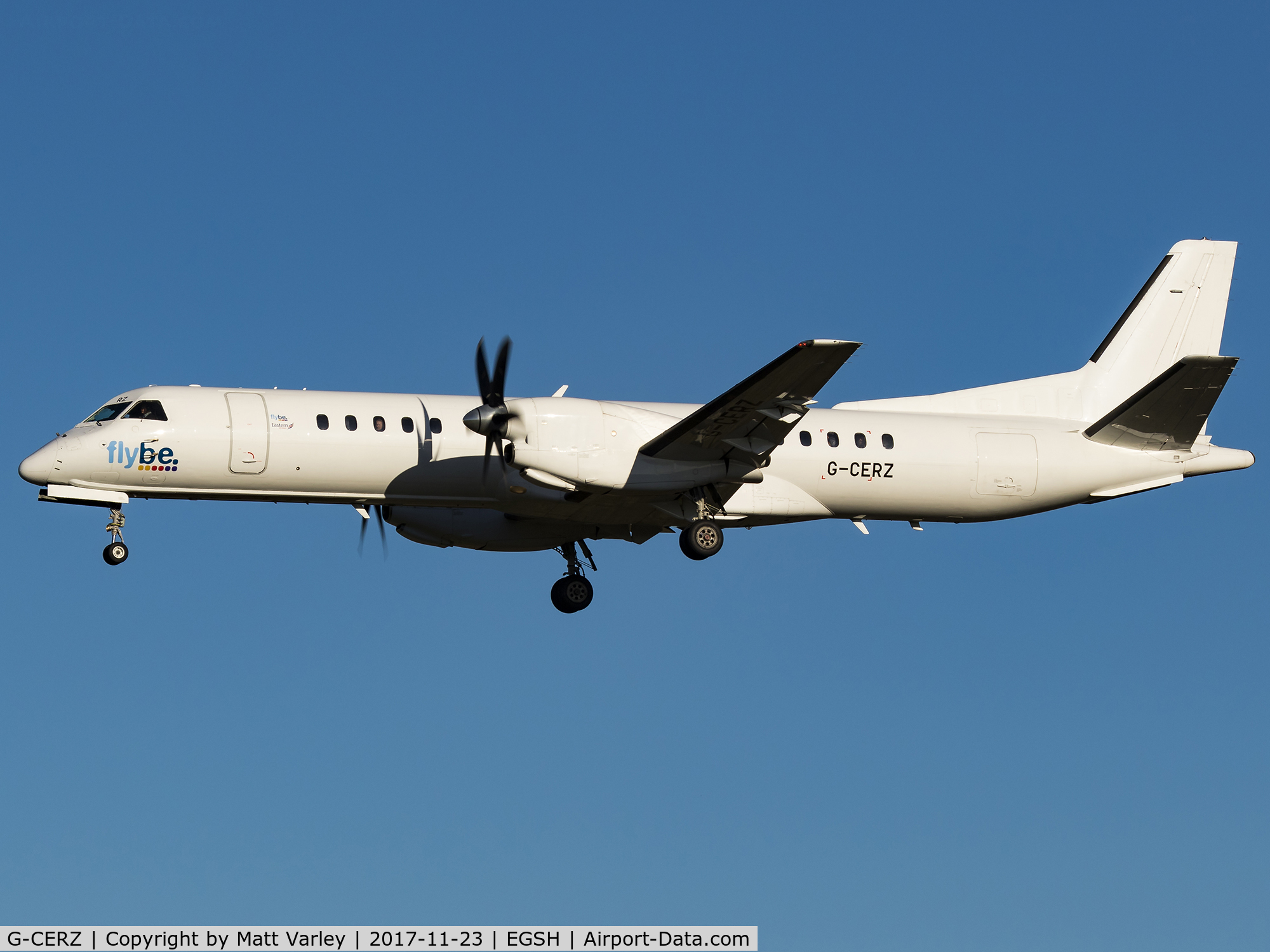 G-CERZ, 1997 Saab 2000 C/N 2000-042, landing on RWY 27