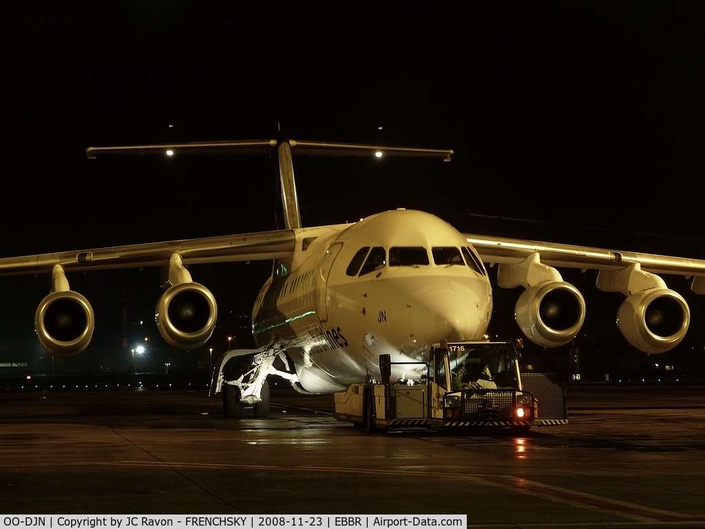 OO-DJN, 1995 British Aerospace Avro 146-RJ85 C/N E.2275, departure and pushback to Madrid Barajas