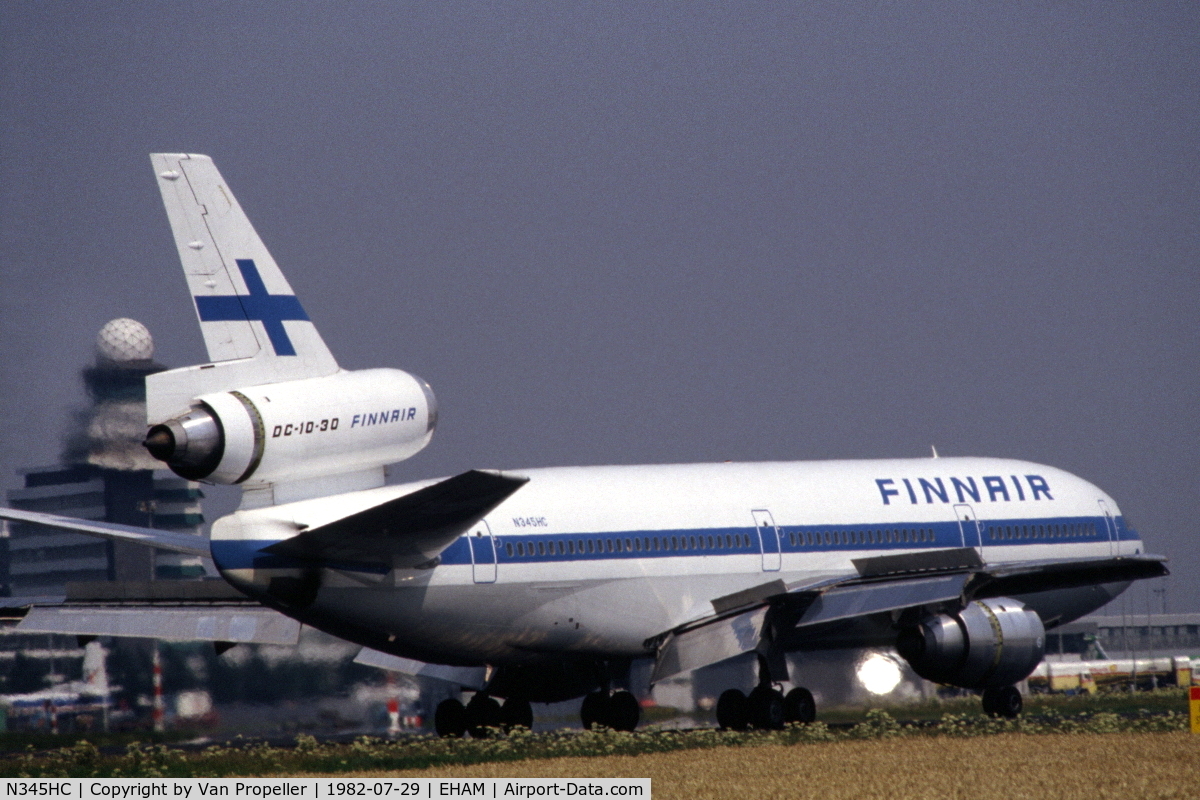 N345HC, 1986 McDonnell Douglas DC-10-30 C/N 48265, DC-10-30 of Finnair landing at Schiphol airport, the Netherlands, 1982
