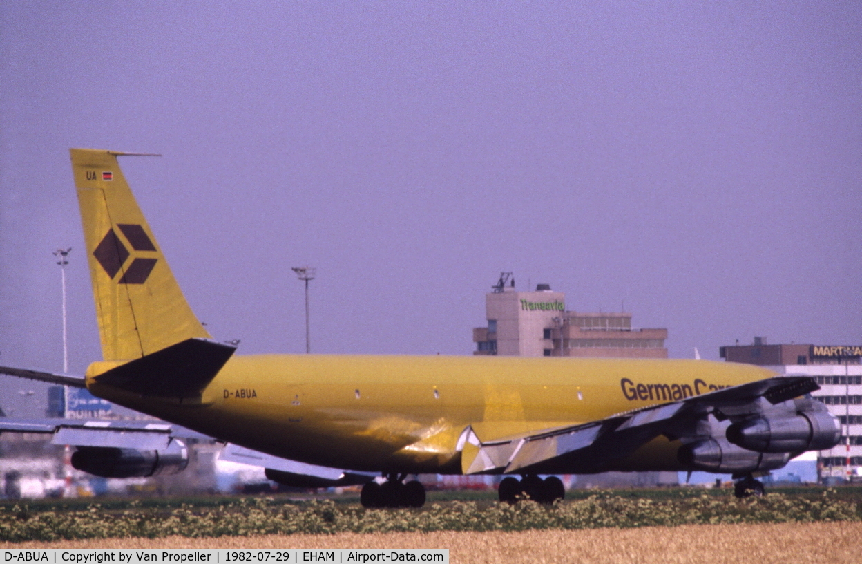 D-ABUA, 1965 Boeing 707-330C C/N 18937, German Cargo Boeing 707-330C during roll-out at Schiphol airport, the Netherlands, 1982