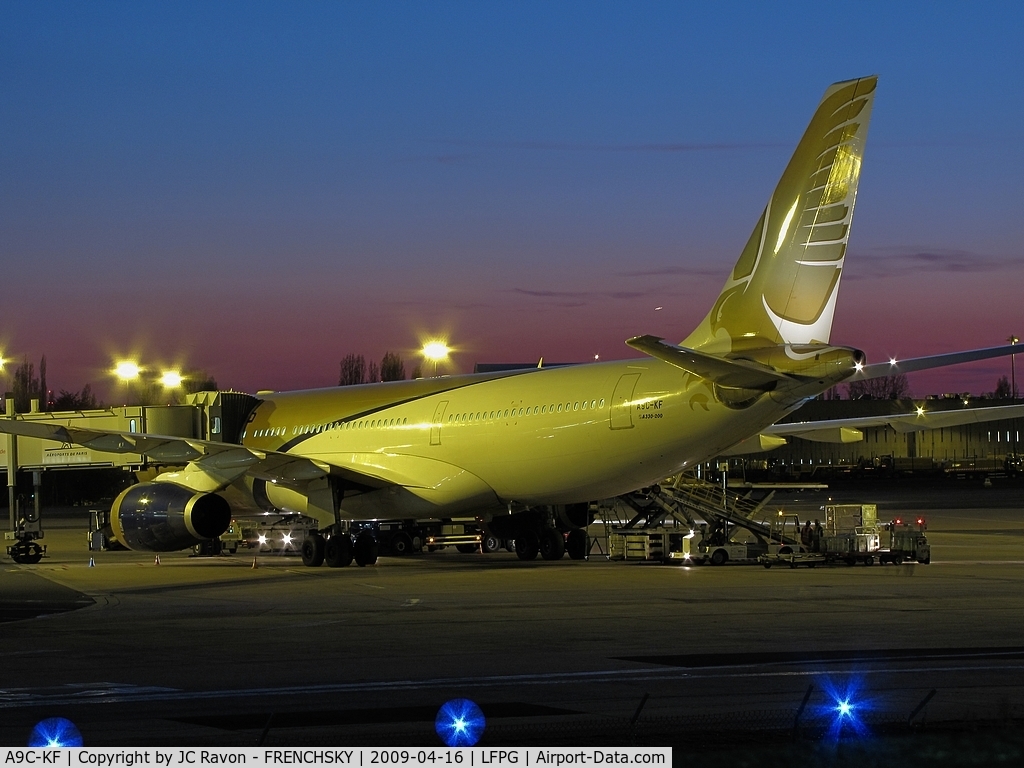 A9C-KF, 2000 Airbus A330-243 C/N 340, Colors'night of CDG terminal 1 parking Zoulou