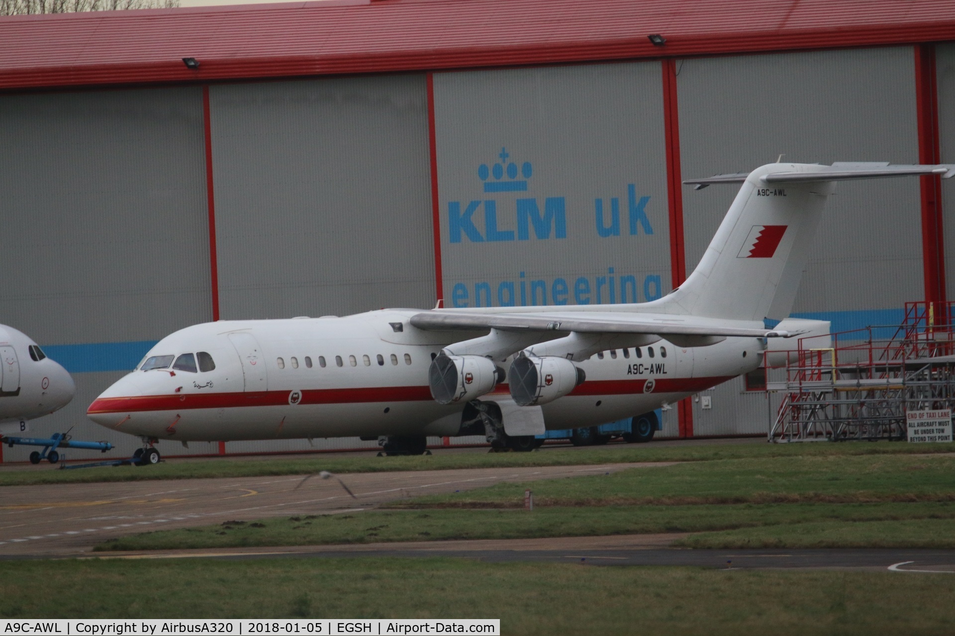 A9C-AWL, 2001 British Aerospace Avro 146-RJ100 C/N E3386, Seen outside KLM hangars at Norwich now minus engines