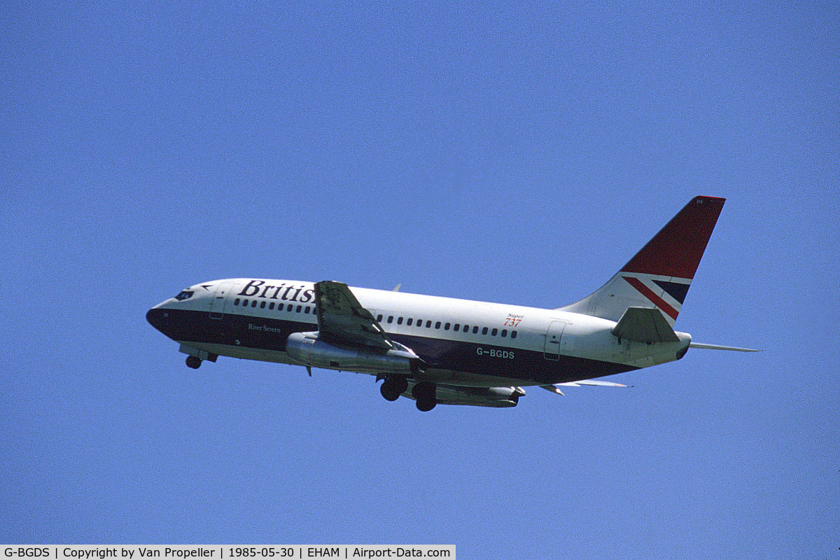 G-BGDS, 1980 Boeing 737-236 C/N 21806, British Airways Boeing 737-236 taking off from Schiphol airport, the Netherlands, 1985