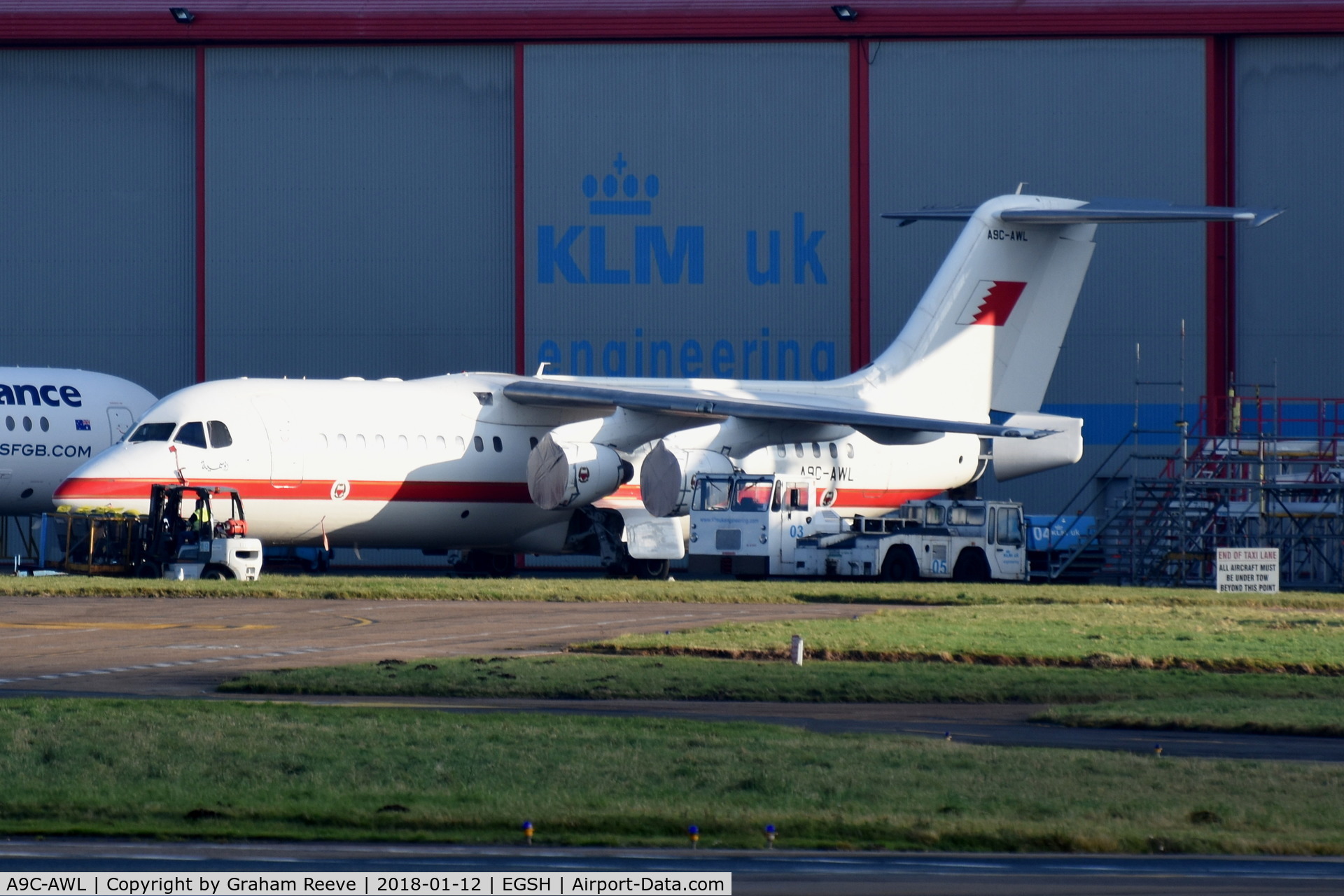 A9C-AWL, 2001 British Aerospace Avro 146-RJ100 C/N E3386, Parked at Norwich with the engines removed.