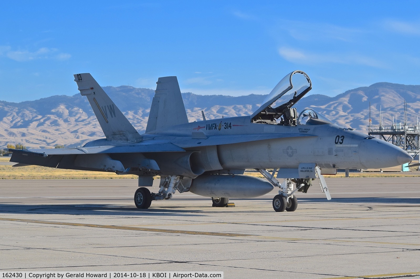 162430, McDonnell Douglas F/A-18A+ Hornet C/N 272/A218, parked on the sought GA ramp. VMFA-314 