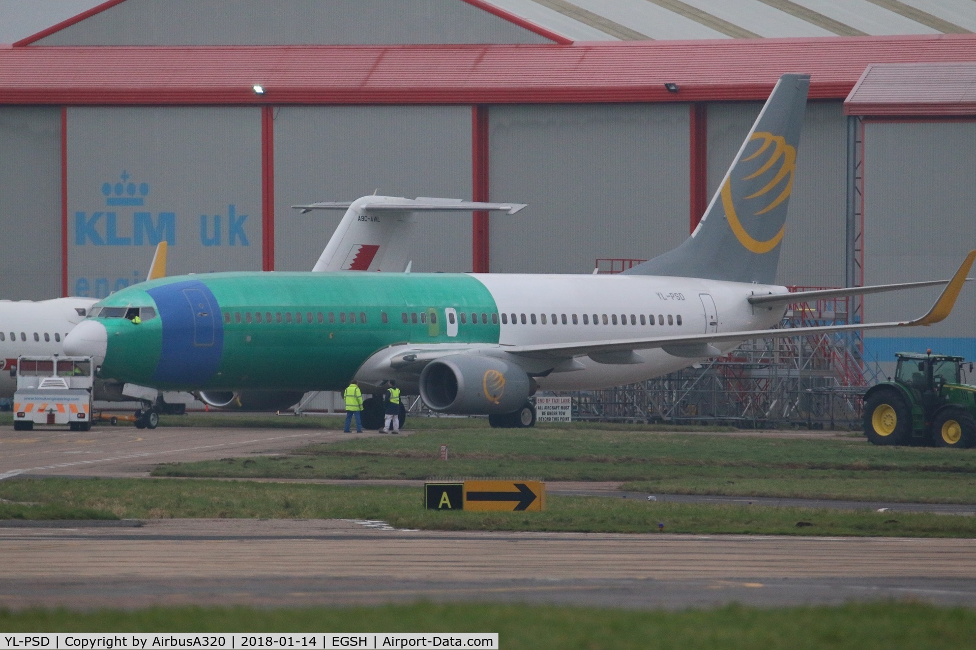 YL-PSD, 2000 Boeing 737-86N C/N 28618, Emerging from KLM hangar following skin replacement work